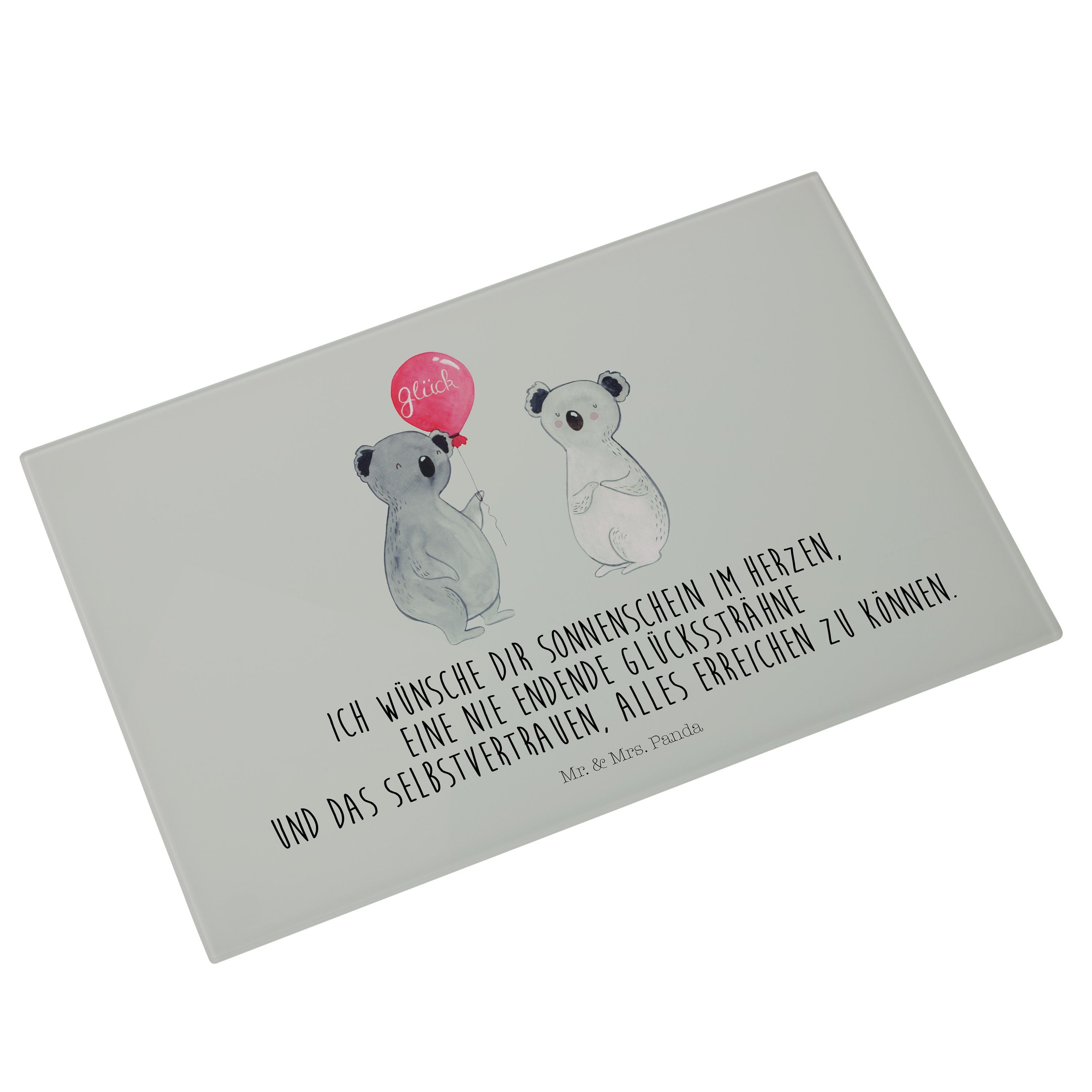 Mr. & Mrs. Panda (1-St) - Servierbrett Geburtstag, Glasschneideb, Premium Glas, Luftballon Geschenk, Pastell Koala - Grau