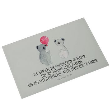 Mr. & Mrs. Panda Servierbrett Koala Luftballon - Grau Pastell - Geschenk, Geburtstag, Glasschneideb, Premium Glas, (1-St), Handgefertigte Gravuren