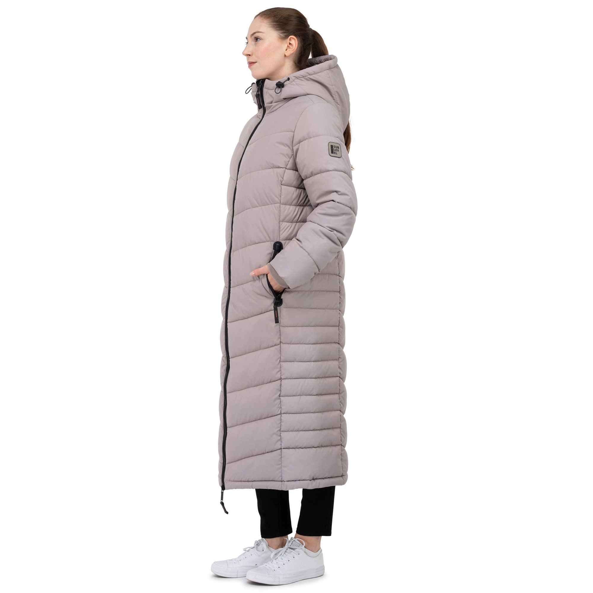SUBLEVEL Steppjacke Damen Mantel mit Kapuze extra lange Winter Jacke Parka