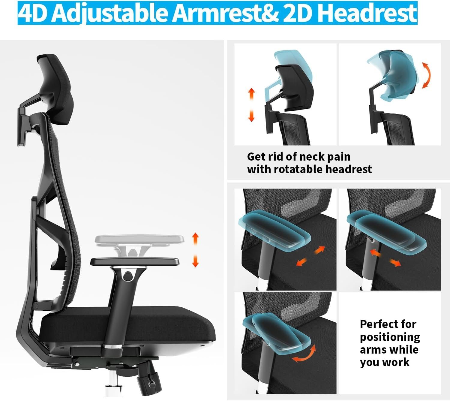 (Atmungsaktiver Bürostuhl mit 4D mit Bürostuhl Netz-Chefsessel), Rückenlehne,Schreibtischstuhl HOLLUDLE Adaptiver Armlehnen