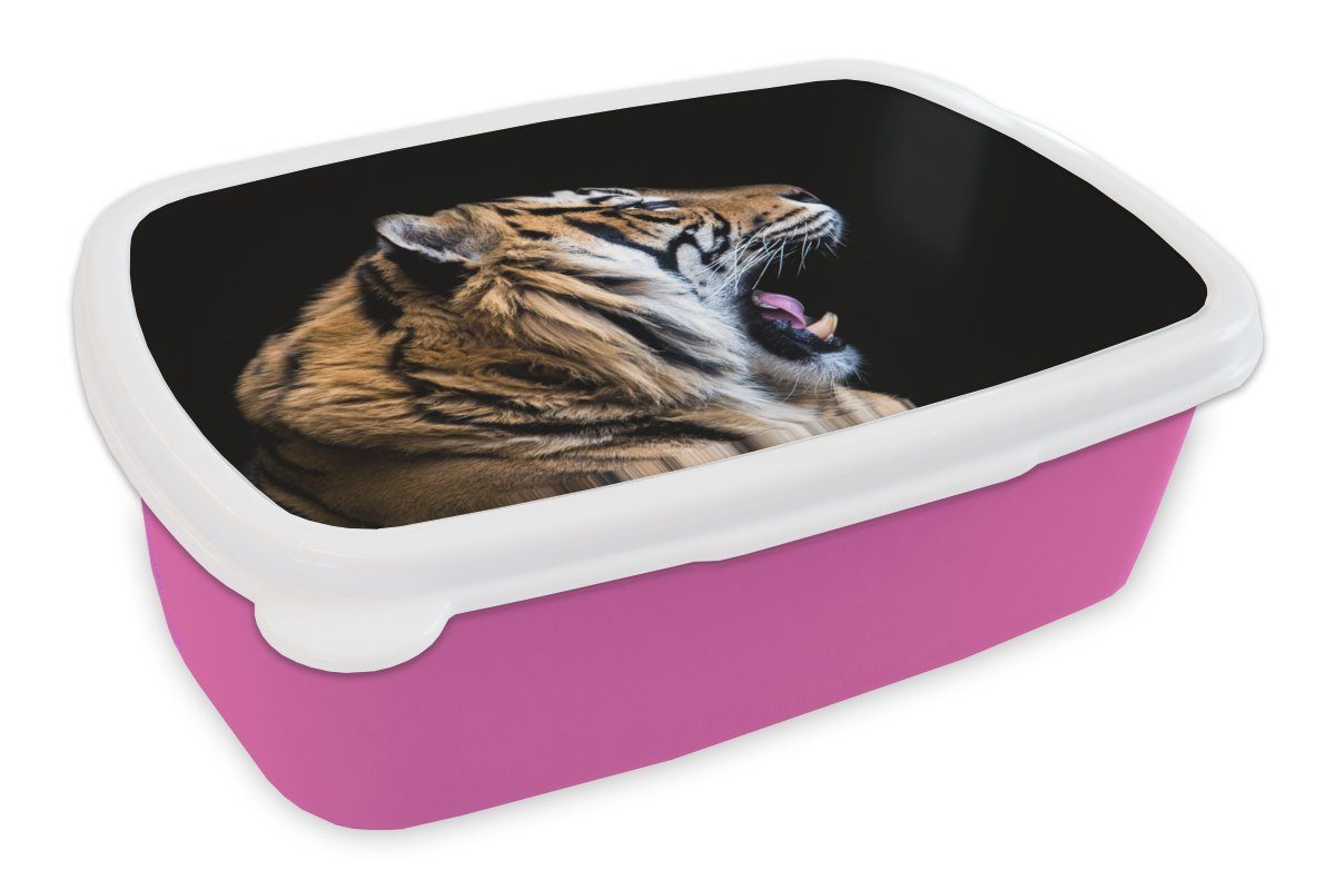 MuchoWow Lunchbox Brotbox Kunststoff, - Tiere (2-tlg), Kinder, Tiger - Brotdose Kunststoff für Erwachsene, rosa Snackbox, Mädchen, Porträt,