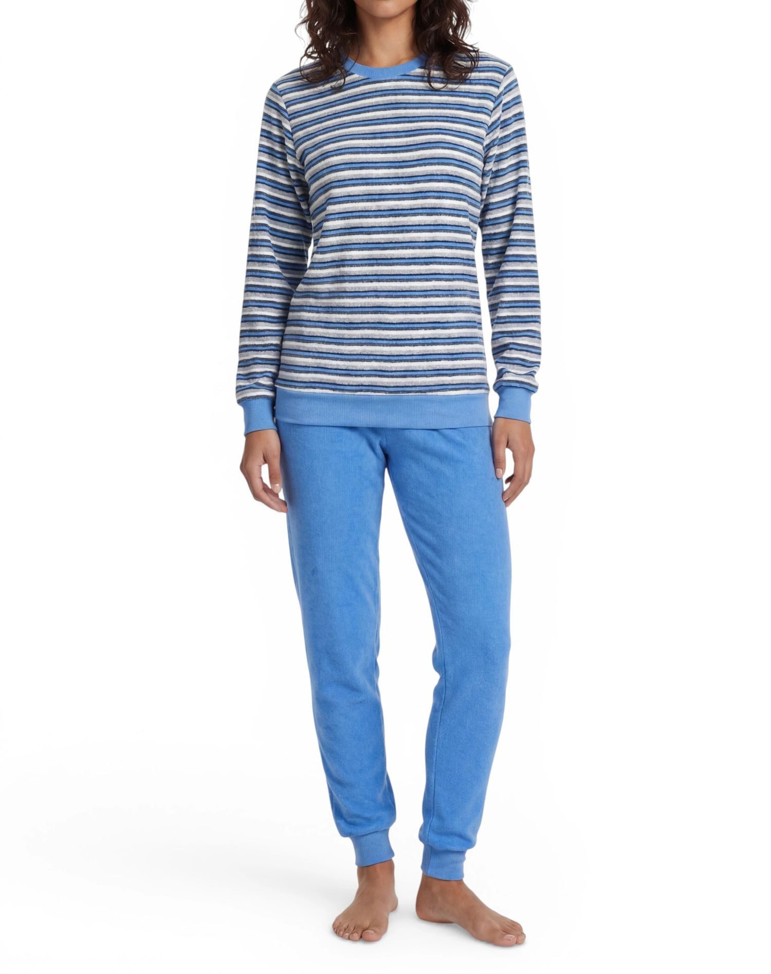 Pyjama Frottee Schlafanzug mit Bündchen, geringelt, Rundhals