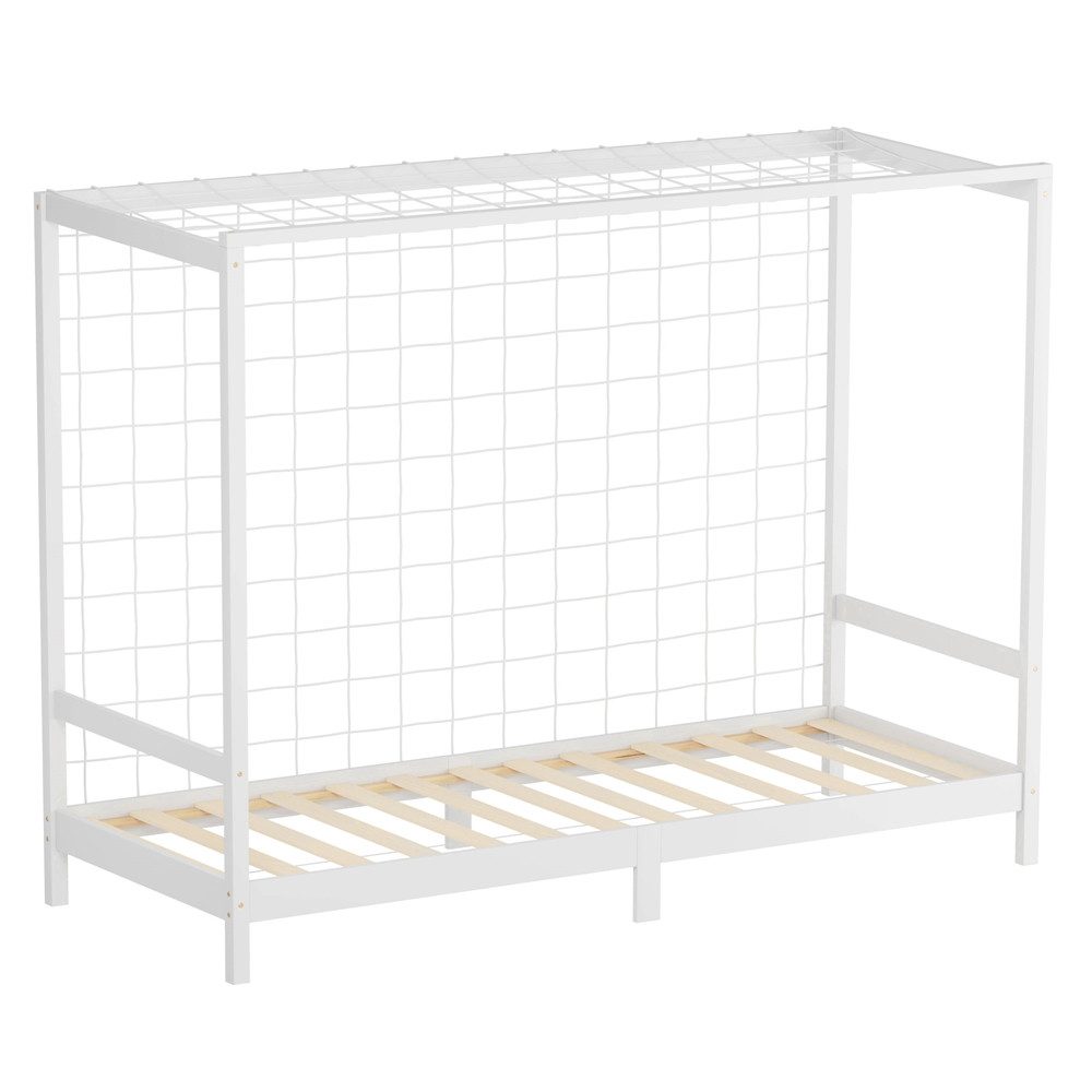 ML-DESIGN Spielbett Fußballtor Einzelbett für Kinder Holzbett mit Lattenrost & Tornetz, Handballtor Abenteuerbett 90x200cm Weiß Kinderbett Holzbettgestell