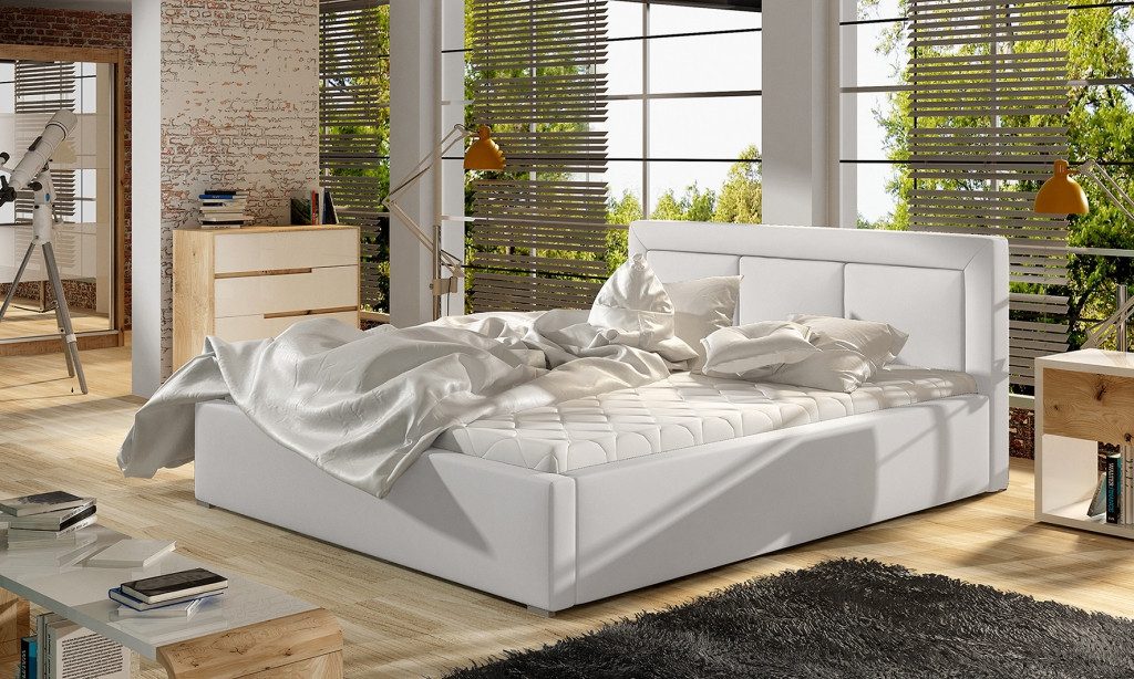 JVmoebel Polsterbett Designerbett in Weiß mit edlem Textilbezug und Edelstahlfüßen, Made in Europa