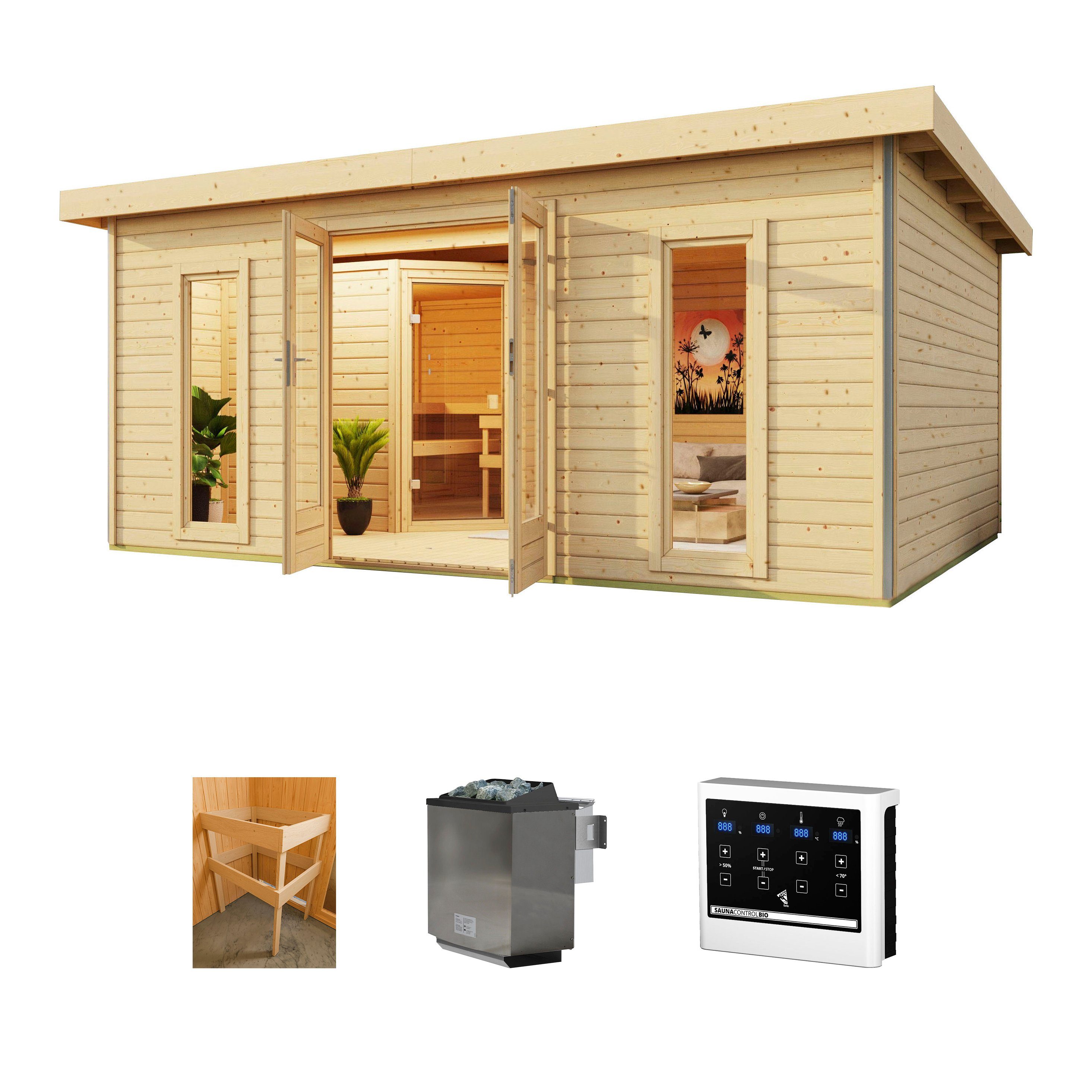 KONIFERA Саунаhaus Maiko 4 SET A, BxTxH: 369 x 369 x 229,5 cm, 38 mm, naturbelassen, mit Ofen 9 kW Bio ext. Steuerung