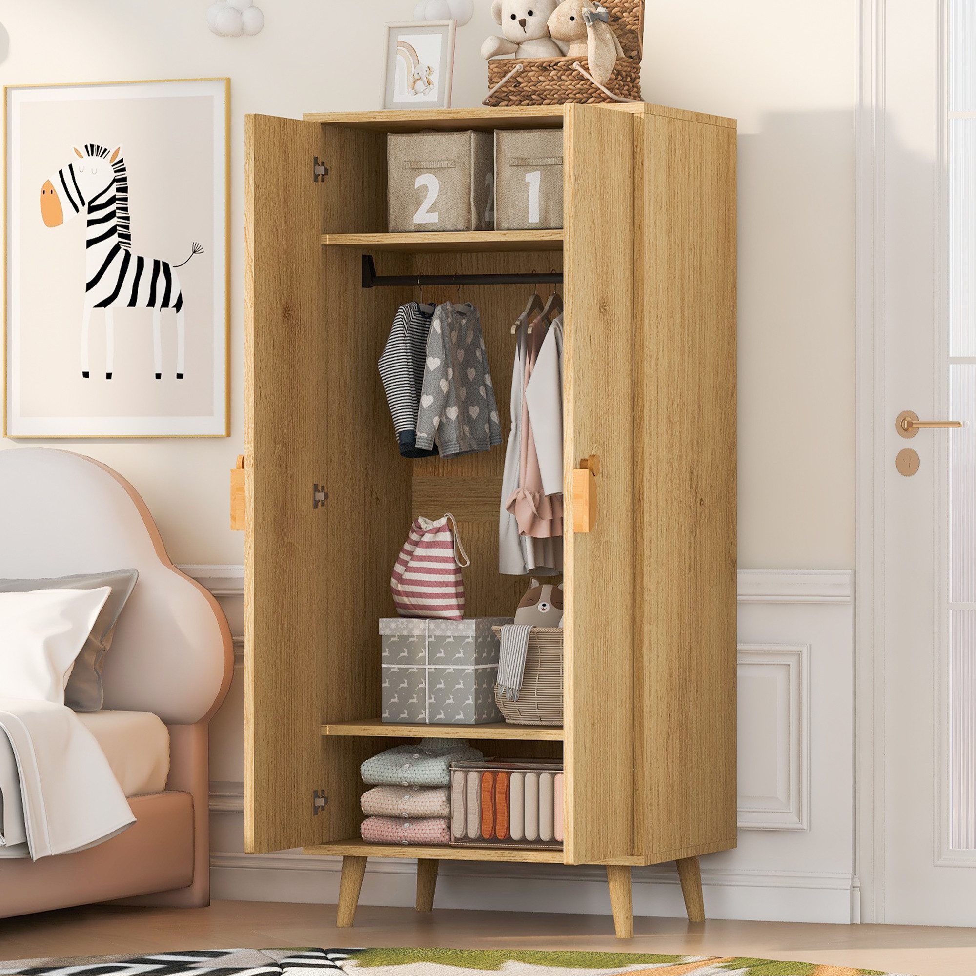 HAUSS SPOLE Kleiderschrank mit Staufächern,Garderobenschrank mit Doppeltür & Cartoon-Griffe,Holz