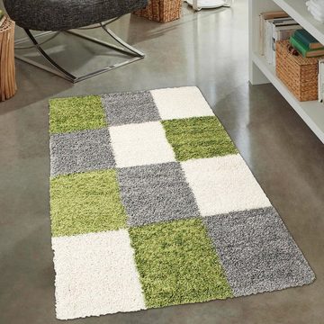 Teppich Flauschiger Shaggy-Teppich Hochflor mit Karomuster in grün grau creme, Carpetia, rechteckig, Höhe: 30 mm