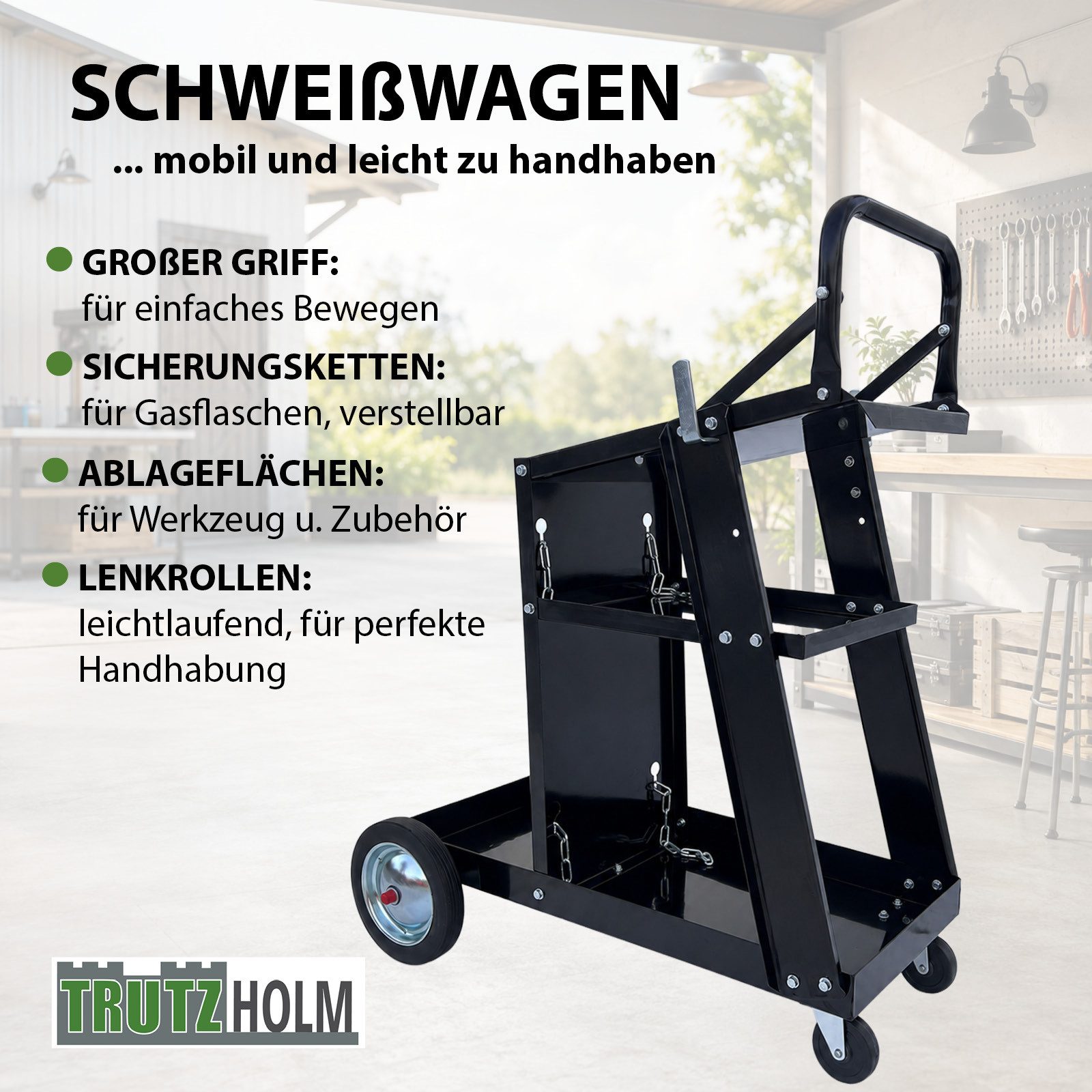 TRUTZHOLM Werkzeugtrolley mobiler Schweißwagen 80 kg Schweißgerätewagen Gasflaschenwagen (Artikel, 1 St), drei Ablageflächen – Bild 4 von 5