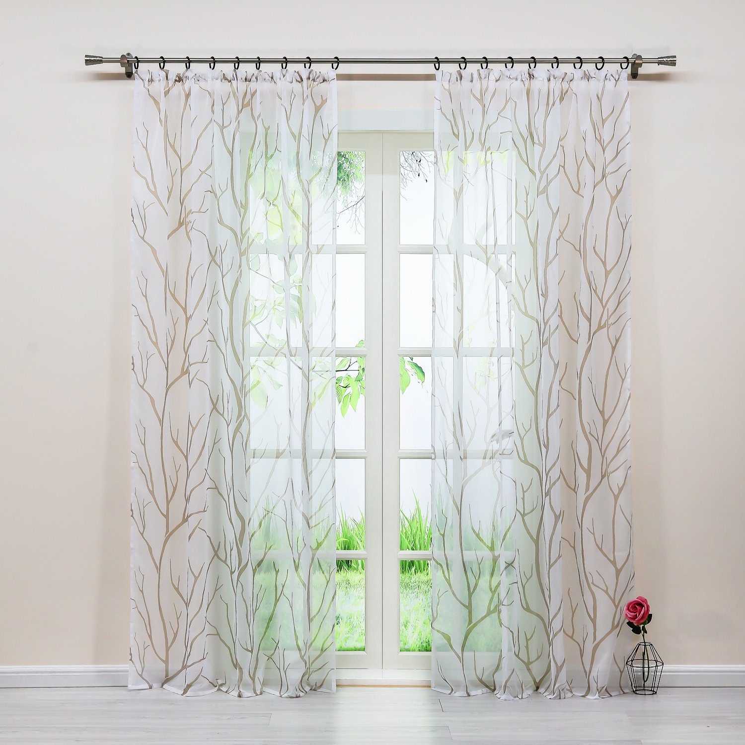 Gardine, Joyswahl, Kräuselband (1 St), transparent, mit Baumzweige Muster, Dekovorhang für Wohnzimmer Weiß-sand