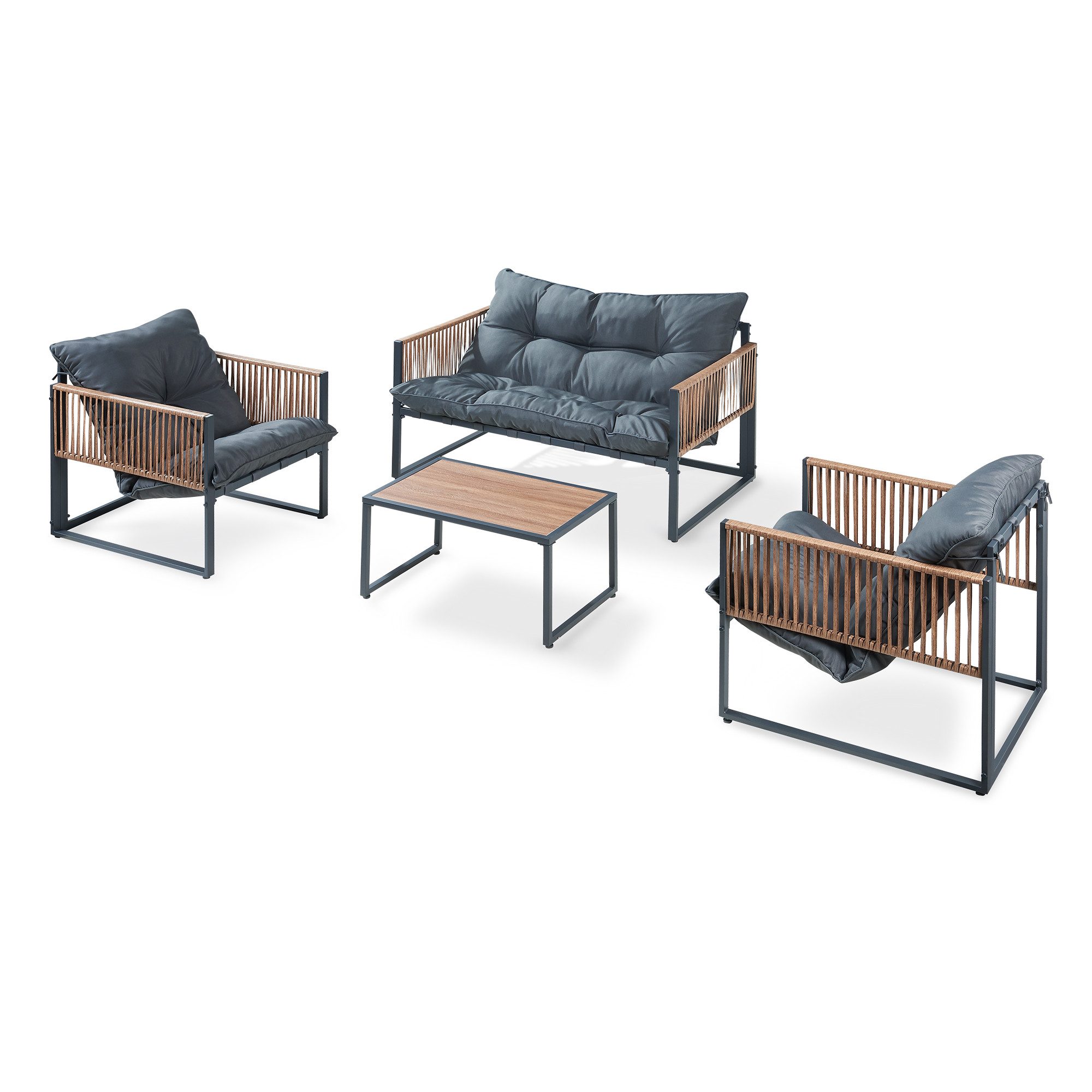 casa.pro Gartenlounge-Set, (Set, 4-tlg., 1 Couchtisch, 1 Sitzbank, 2 Sessel), »Karg« mit Polsterkissen Stahlgestell Dunkelgrau/Rattanoptik