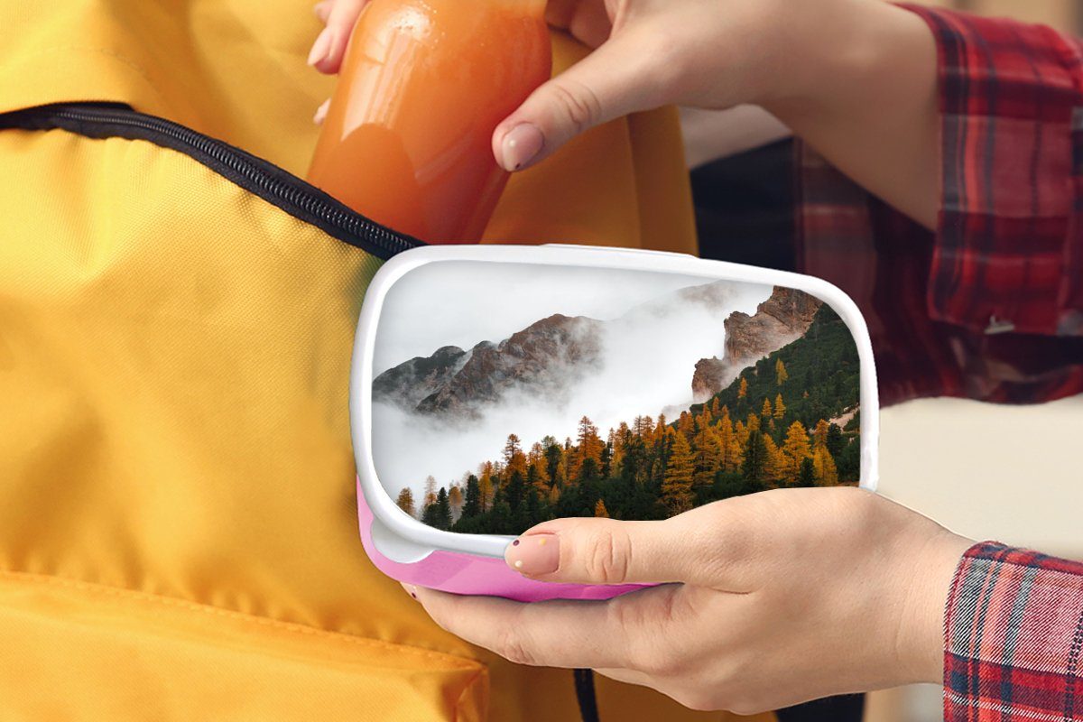MuchoWow Herbst (2-tlg), Erwachsene, Kunststoff, Kinder, Kunststoff Kiefer Berg - Landschaft, - - Brotbox rosa Mädchen, für Snackbox, Lunchbox Brotdose