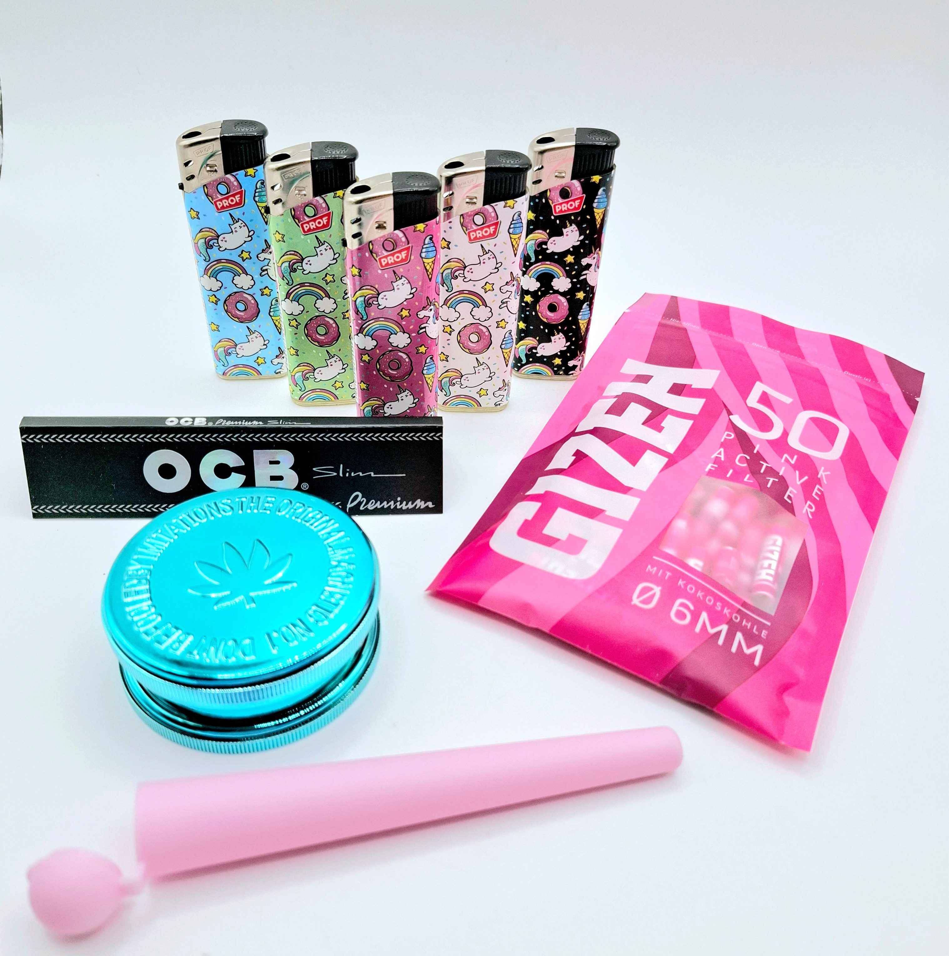 meytrade Feuerzeuge Girls Set: 6mm Gizeh Filter pink, OCB Blättchen, Jointhülle, Grinder, pink all in one