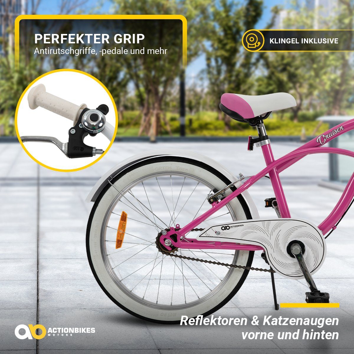 Zuladung 6 40 Actionbikes - V-Brake-Bremsen, Fahrrad Trapez-Rahmen, Klingel, Bike Jahre, 1 1-tlg., Kettenschutz, Cruiser max. rosa ab Gang, Kinder kg), Motors Schaltung, höhenverstellbares Mädchen Jungen Kinderfahrrad Zoll Kinderrad 115 20 ab Antirutschprofil, ohne cm (Reflektoren, Katzenaugen,