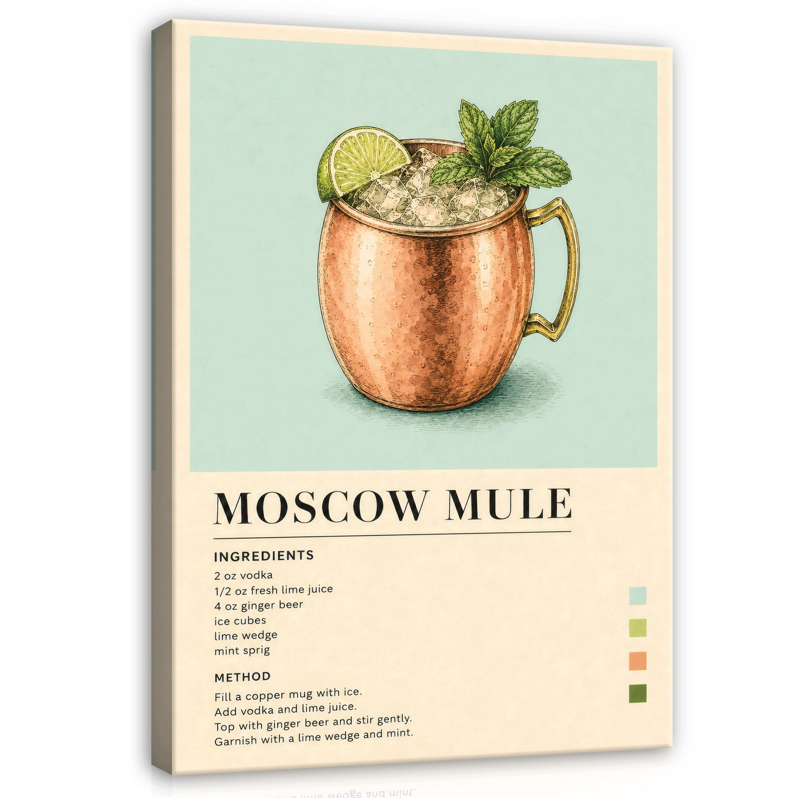 Wallarena Leinwandbild Drink Moscow Mule Rezept Retro Beige Bilder Küche küchen Wandbild, Moscow Mule, Cocktail, Rezept (Leinwandbild, 1 St), Leinwand Bilder Küche Wandbild Wanddeko 40x60 cm