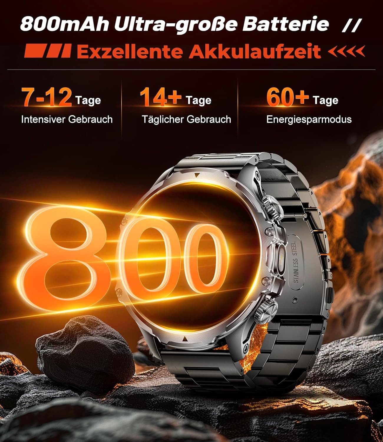 Zevelora Herren Militär 800mAh Akku HD-Display IP68 Wasserdicht Fitness-Tracker Smartwatch (1,85 Zoll, Android/iOS), Fitnessuhr mit SpO2/Herzfrequenz,Schlafmonitor für Android/iOS