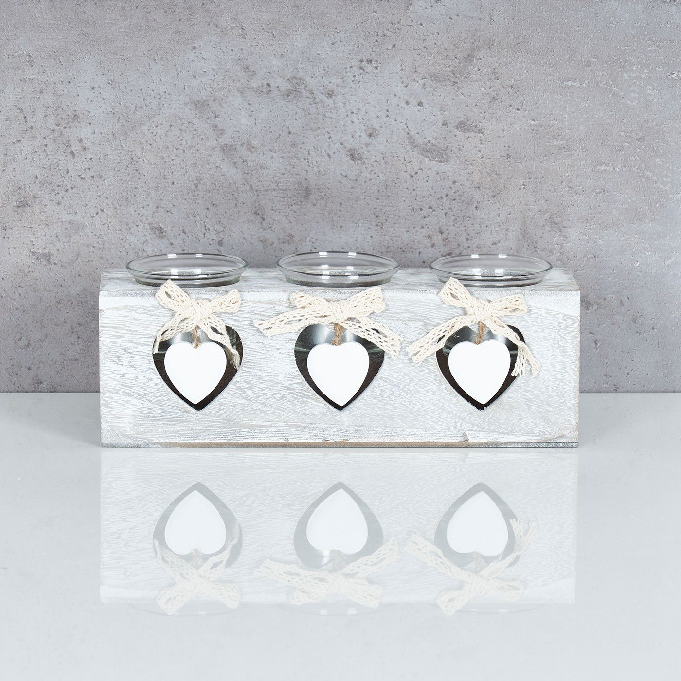 Levandeo® Teelichthalter, Teelichthalter 24x8x7cm 3 Kerzen Holz Shabby Chic Vintage Herz Deko