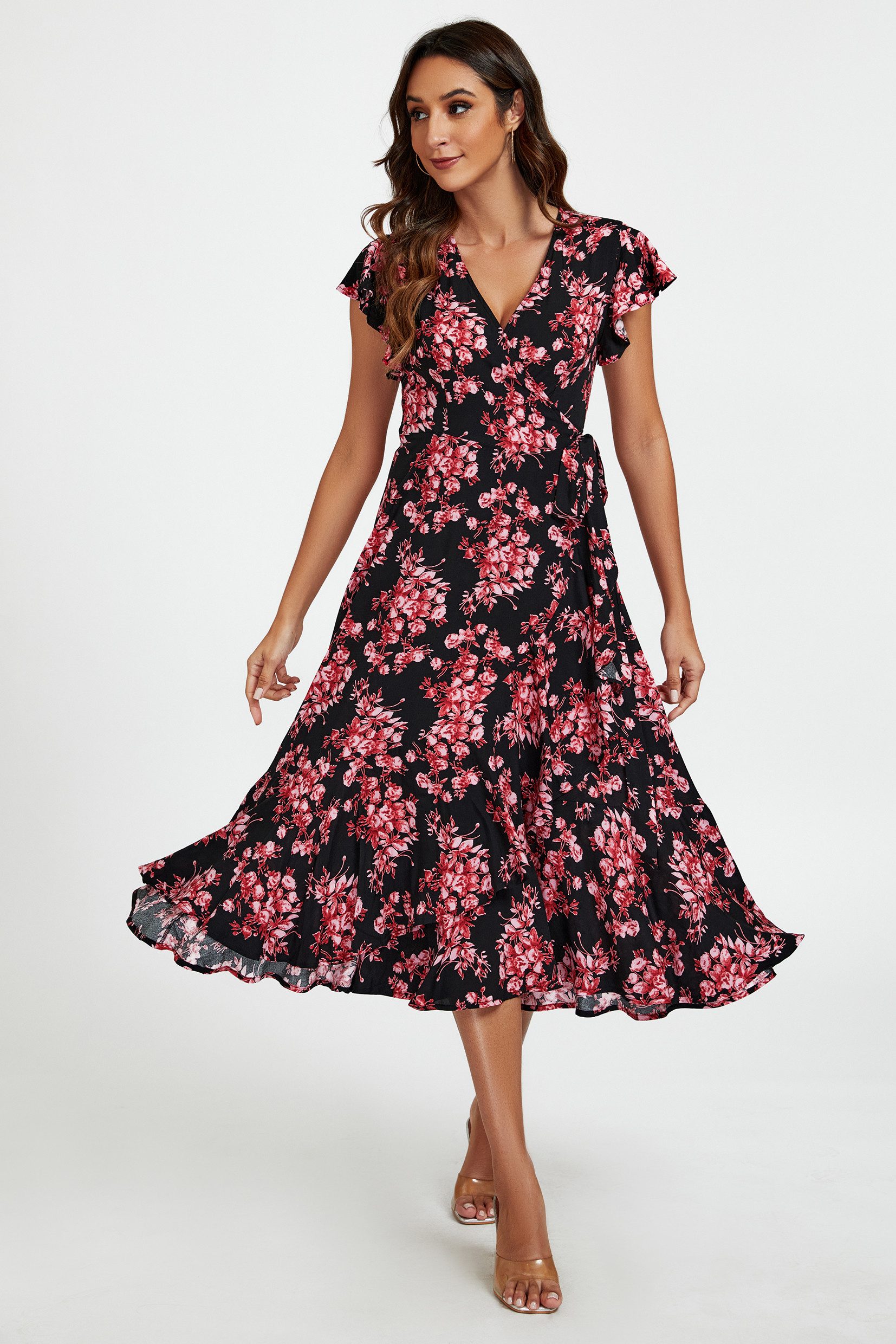 FS Collection Wickelkleid Damen Midi-Wickelkleid mit V-Ausschnitt und Rüsch günstig online kaufen