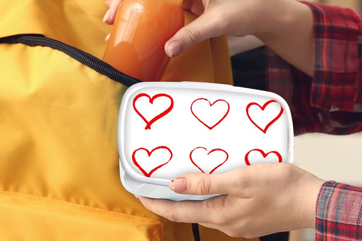 MuchoWow Lunchbox Eine Illustration Kunststoff, (2-tlg), Brotdose, mit für für sechs Erwachsene, roten und und Brotbox weiß Mädchen Herzen, Kinder Jungs