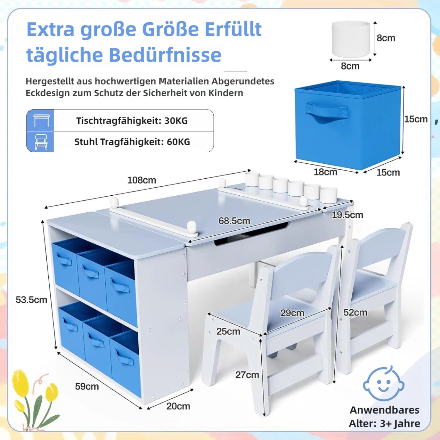 TLGREEN Kindertisch Höhenverstellbarer Kindertisch Set mit 2 Stühlen (Kindermaltisch mit Papierrolle und Stauraum), Wasserdichtes Kindertisch für Malen/Lernen/Essen(ab 3 Jahre)