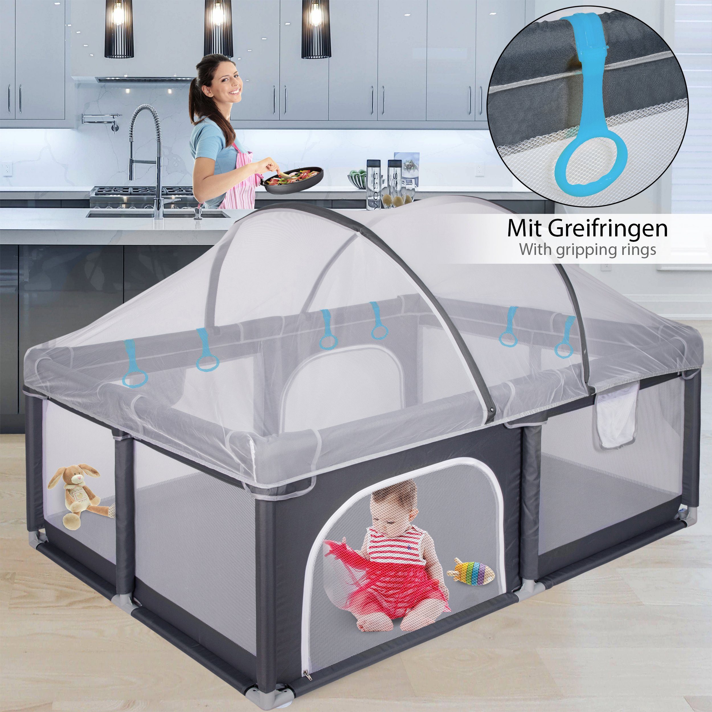 ONVAYA Laufgitter mit Insektenschutznetz, Laufstall, Babyzaun, Krabbelgitter – Bild 5 von 5