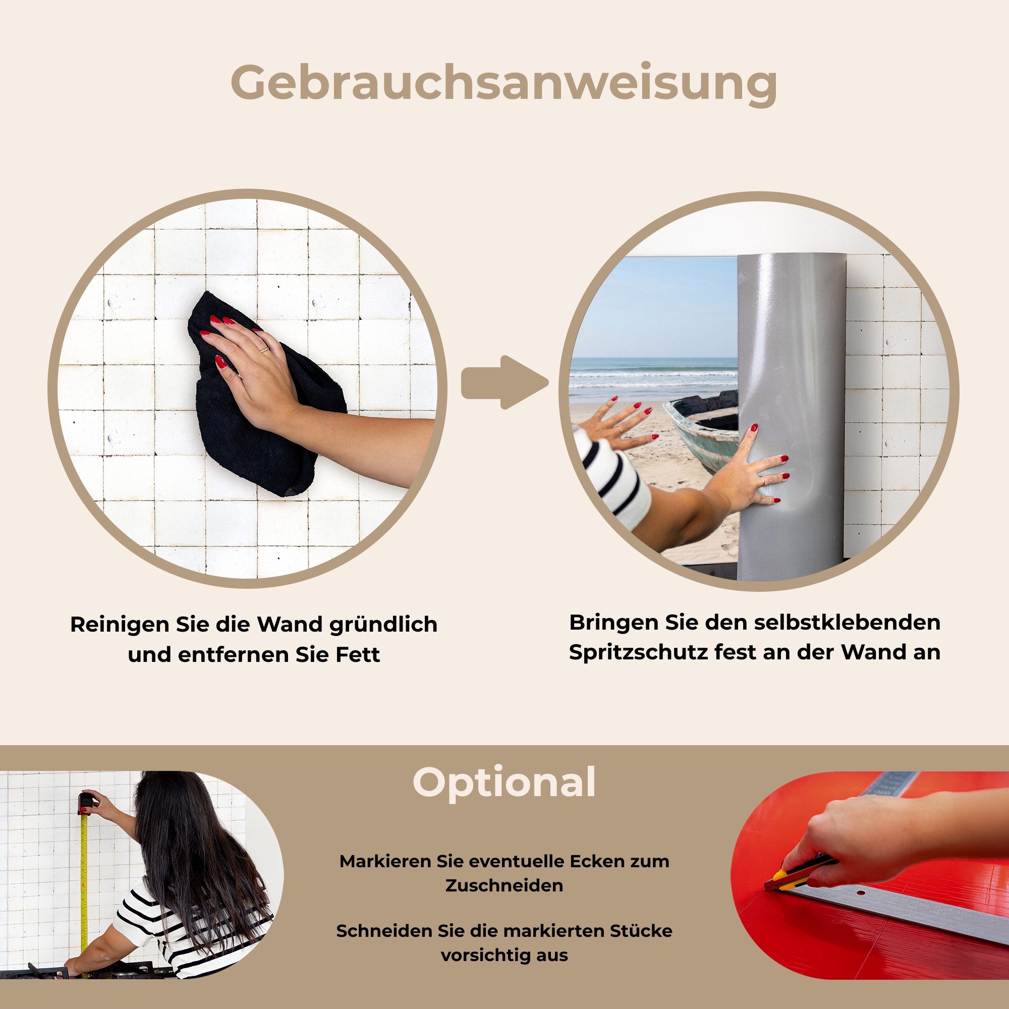 KitchenYeah Küchenrückwand selbstklebend (keine Folie) Boot - Sandstrand - Meer, (1-tlg), Küchenrückwand, Spritzschutz, Kitchen, 60x30 cm