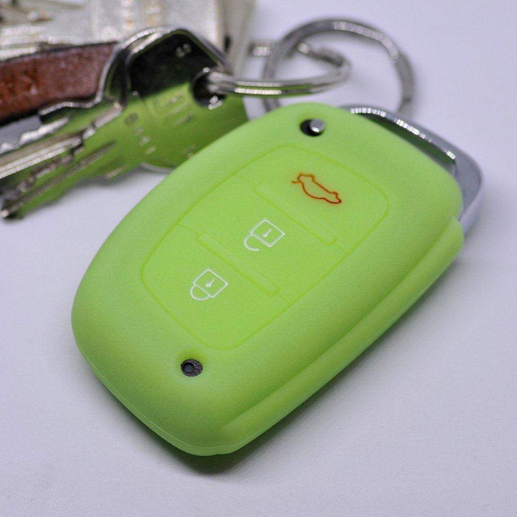 mt-key Schlüsseltasche Autoschlüssel Softcase Silikon Schutzhülle fluoreszierend Grün, für Hyundai i10 i20 i40 ix25 ix35 Tucson Accent Ioniq Sonata Santa Fe