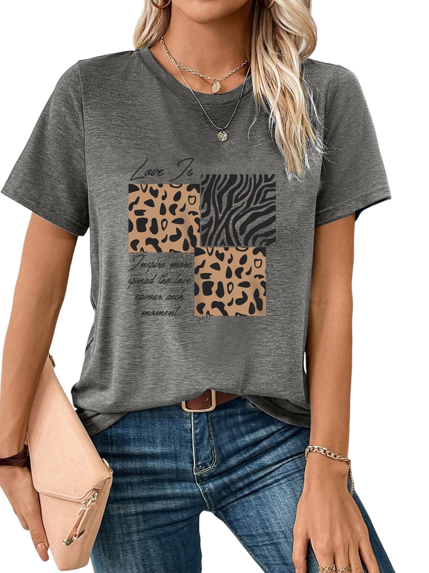 PYLIKE Rundhalsshirt Shirts Damen Casual Leopardenmuster bequemes t shirt Bequem für Freizeit und Büro,Strandurlaub