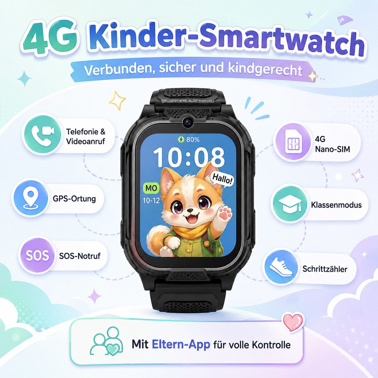 ibettertec Smartwatch Kinder Kinderuhr 4G mit GPS, Telefonfunktion, Smartwatch (4.6 cm) Videoanruf und SOS, Kinder Smartwatch mit Eltern-App, Klassenmodus, Schrittzähler und Wecker, Fitnessuhr für Jungen und Mädchen Kinderuhr