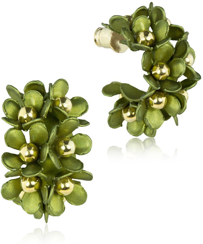 LUISIA® Paar Ohrstecker Halb Creolen Ohrringe "Mia" mit Blüten (2-tlg., inkl. Schmuckbox), 16 Karat vergoldet