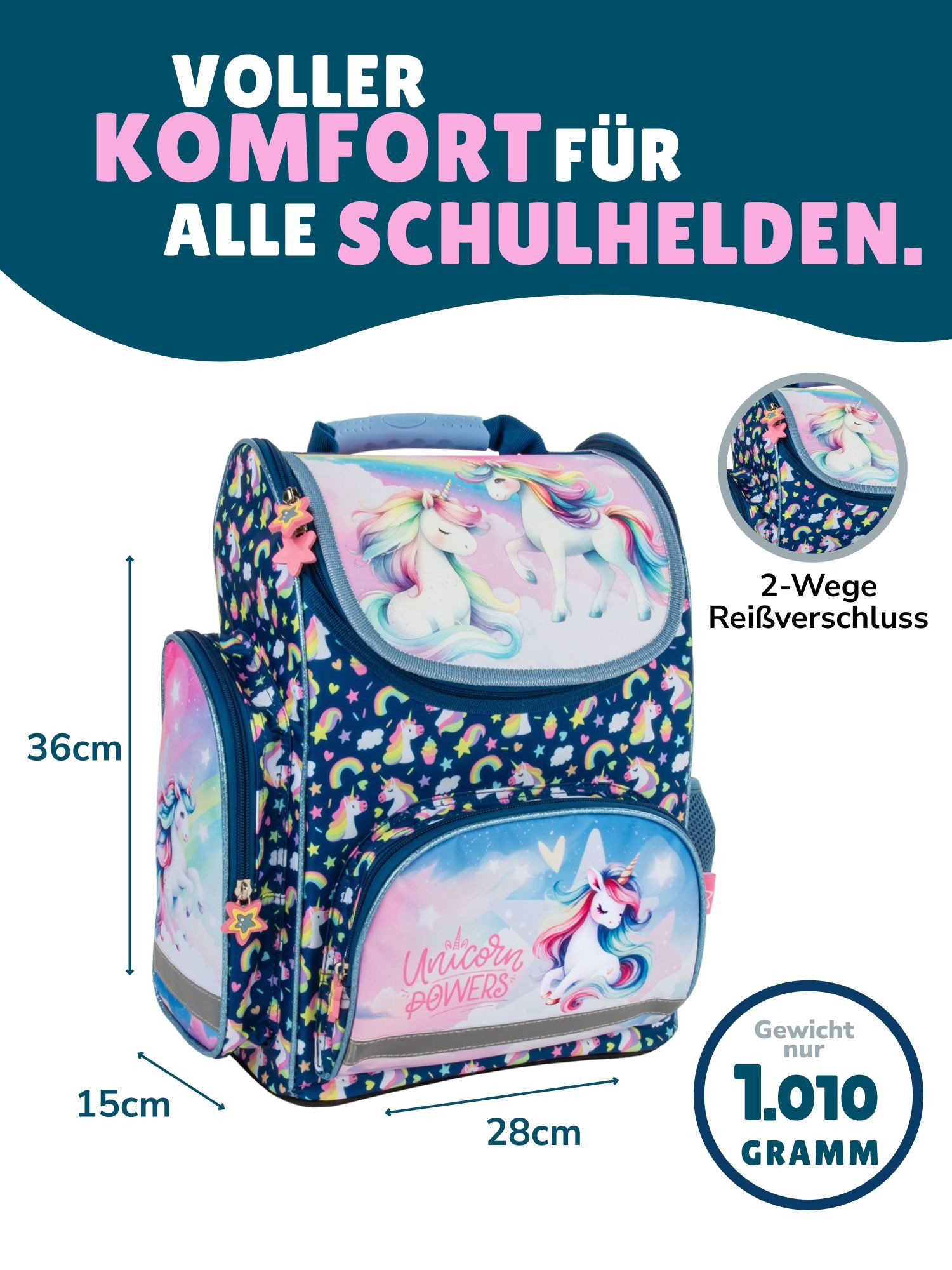 Familando Schulranzen Unicorn Einhorn Schultasche, blau, für Mädchen 1. bis 4. Klasse (Set, 8-tlg., inkl. Federmappe, Lunch-Set und Sporttasche), ergonomisch, 1.010 Gramm leicht, 18L Volumen