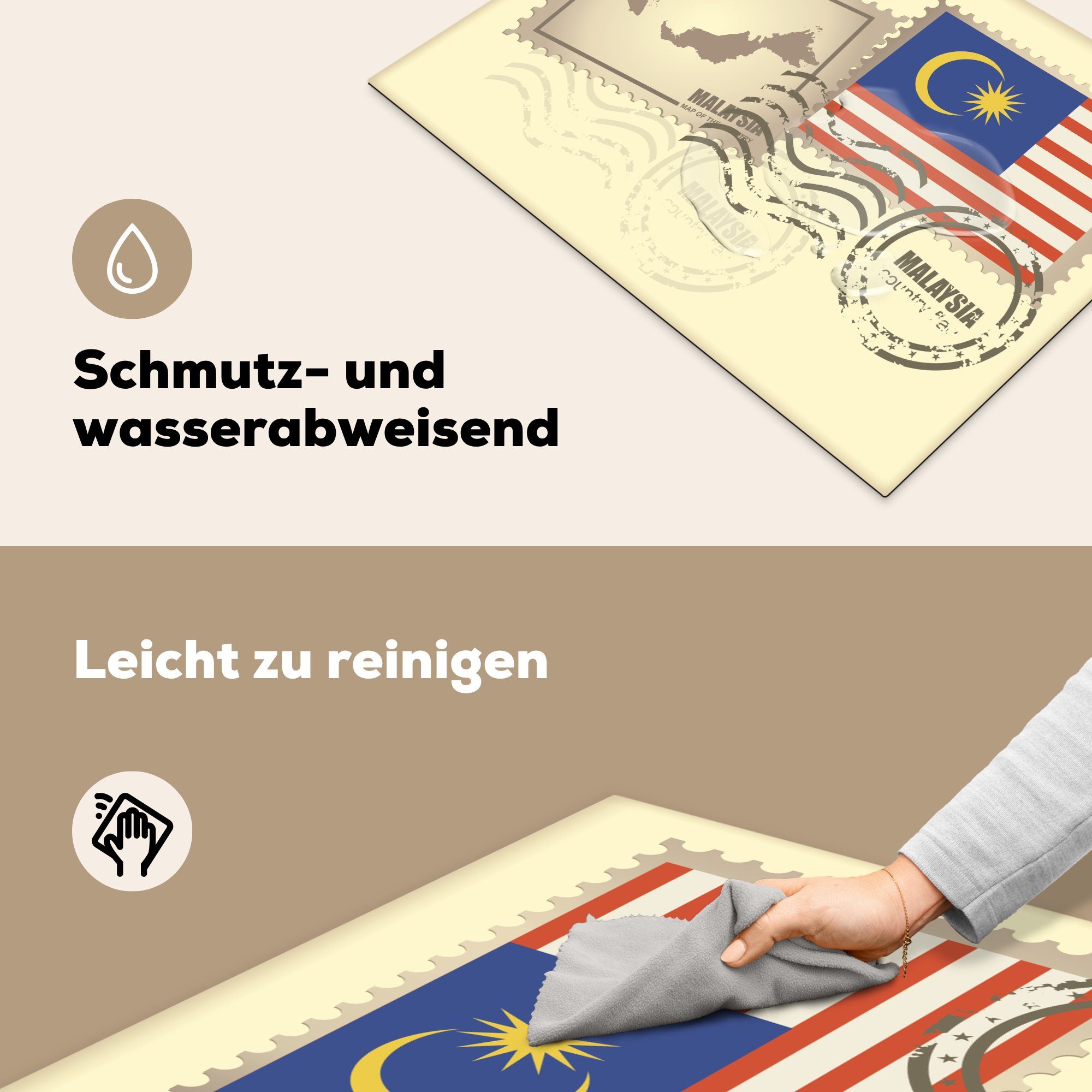 Ceranfeldabdeckung die Arbeitsfläche Malaysia cm, 70x52 zeigen Herdblende-/Abdeckplatte und tlg), Vinyl, Die Briefmarken malaysische, Karte Mobile (1 die von nutzbar, MuchoWow