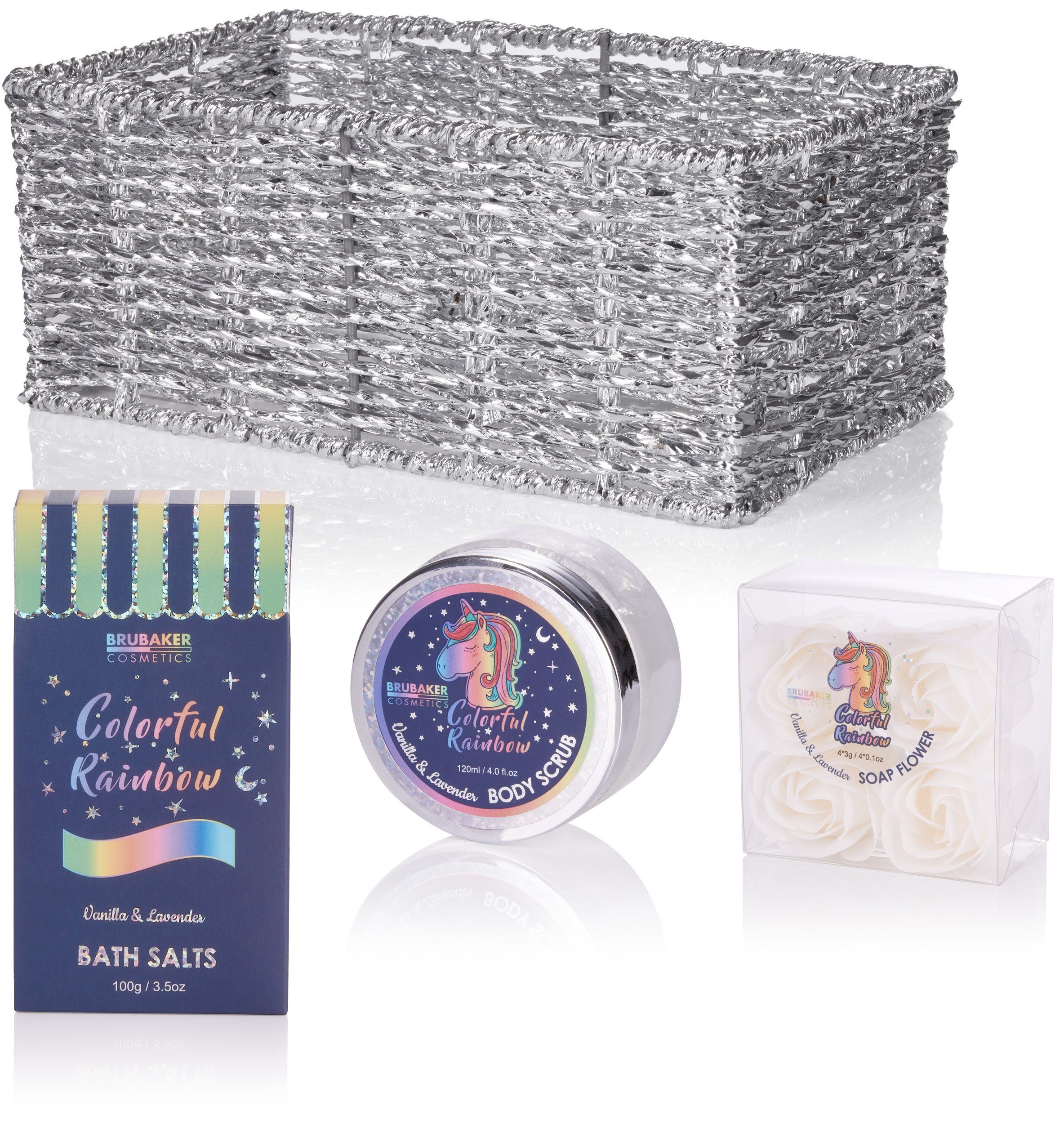 BRUBAKER Hautreinigungs-Set Einhorn Dusch- und Badeset für Vanille Geschenkset Wellness Geschenkkorb, Silber Damen Glitzer Frauen 10-tlg., Duft, Pflegeset in Lavendel