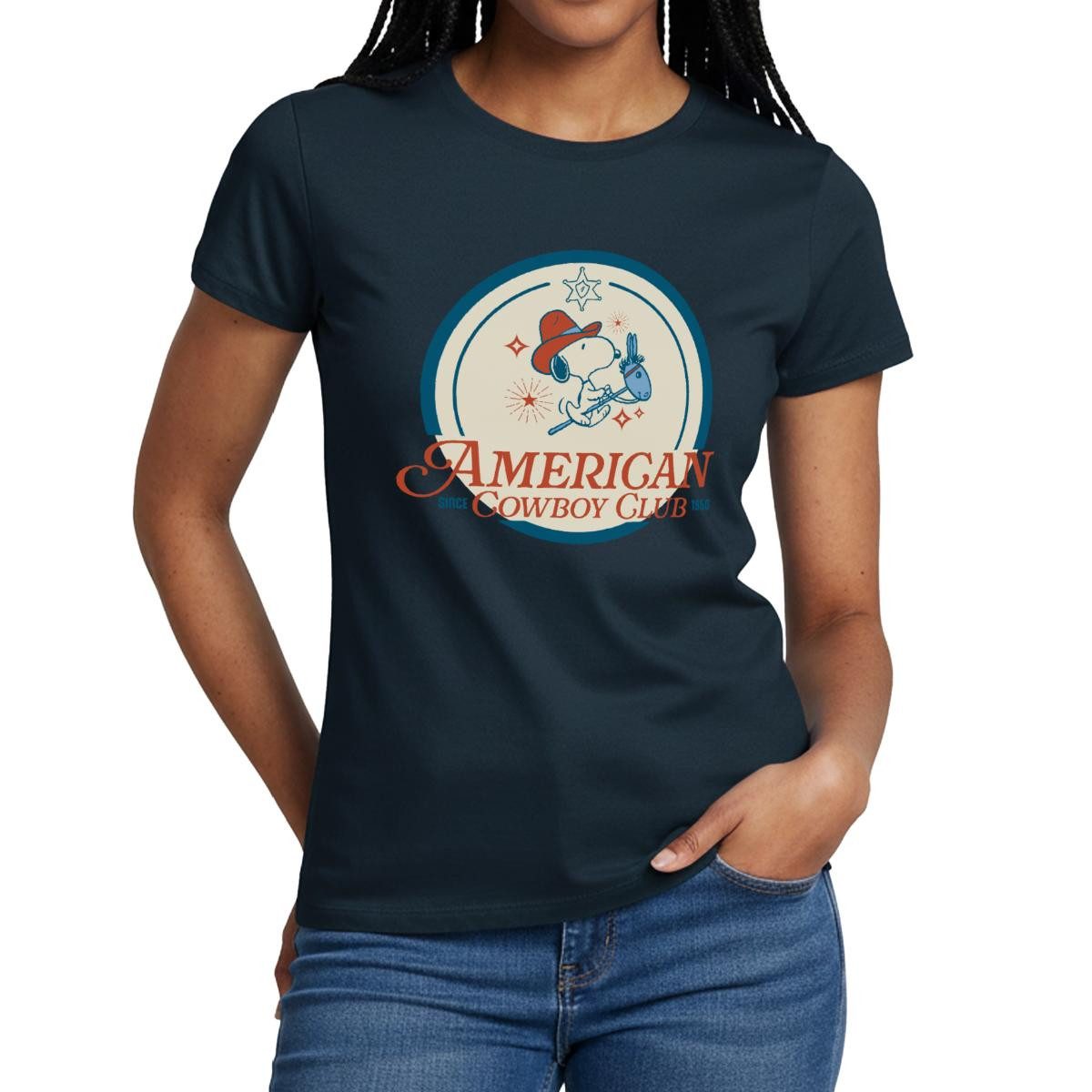 Spreadshirt T-Shirt Peanuts Snoopy American Cowboy Club Frauen T-Shirt (1-tlg) Slim Fit, fällt klein aus