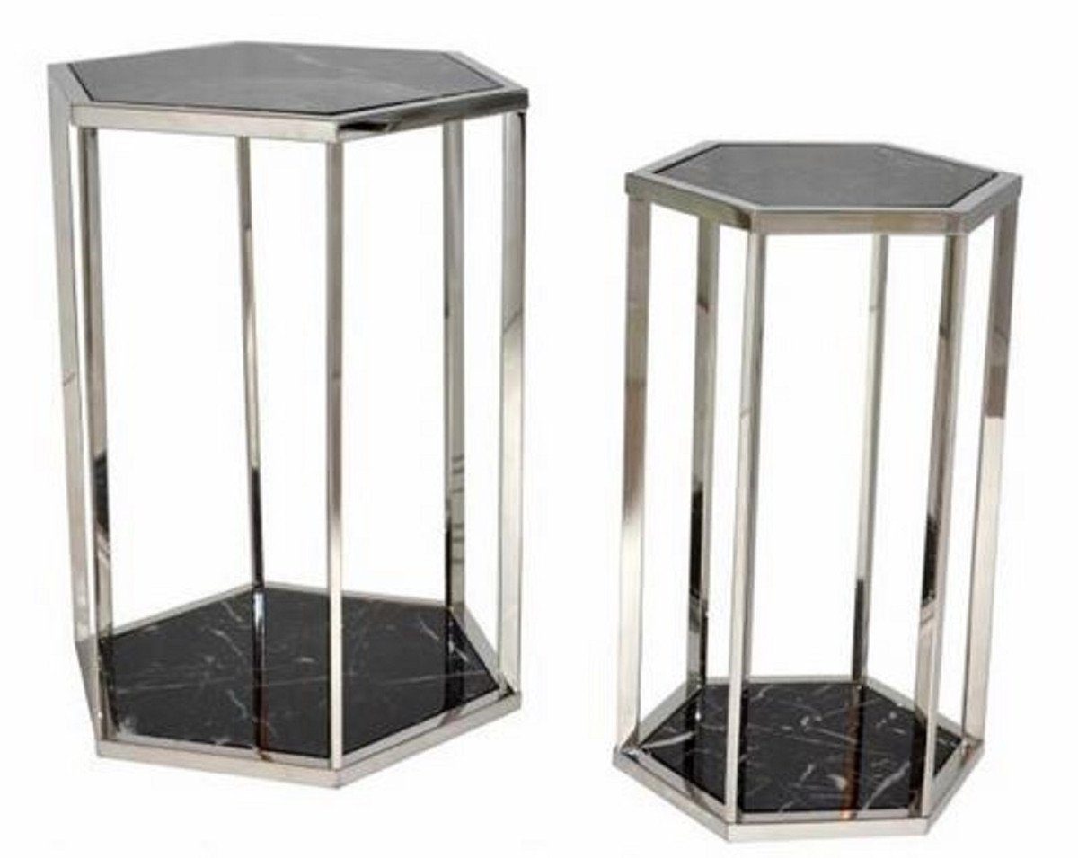 Casa Padrino Beistelltisch Luxus Beistelltisch Set Silber / Schwarz - Edelstahl Tische mit Marmorplatten - Luxus Kollektion | Ablagetische