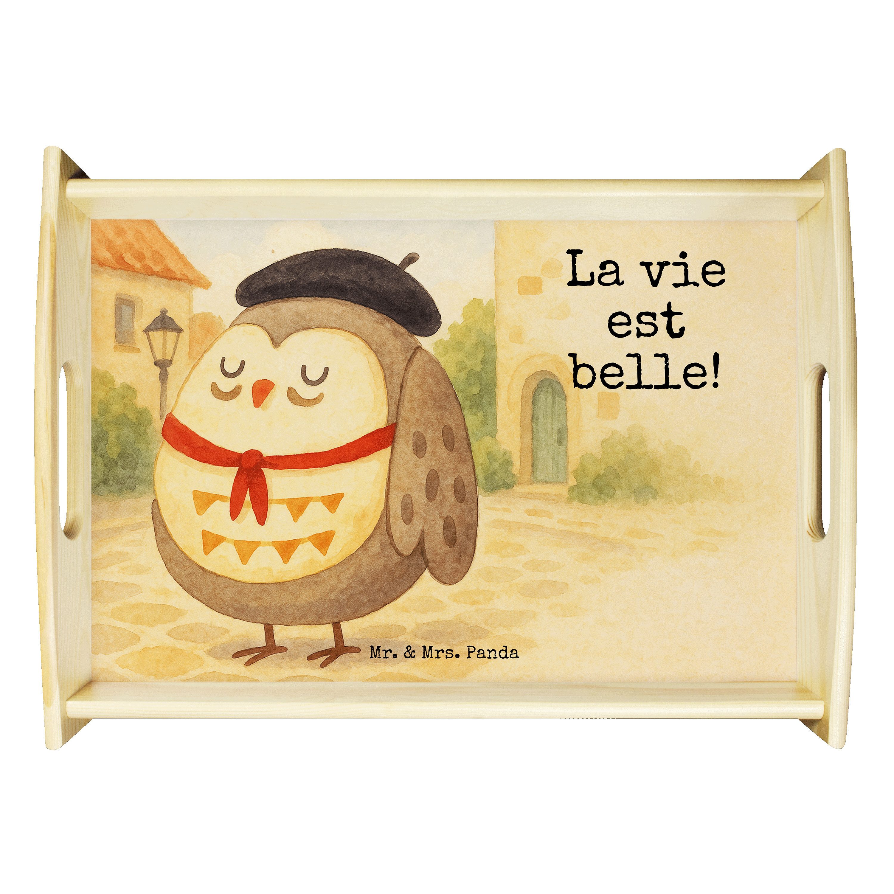 Mr. & Mrs. Panda Tablett Eule Frankreich Design - Weiß - Geschenk, Tablett, Dekotablett, hibou, Echtholz lasiert, (Packung, 1-tlg., Eule Französisch), Einzigartige Designs