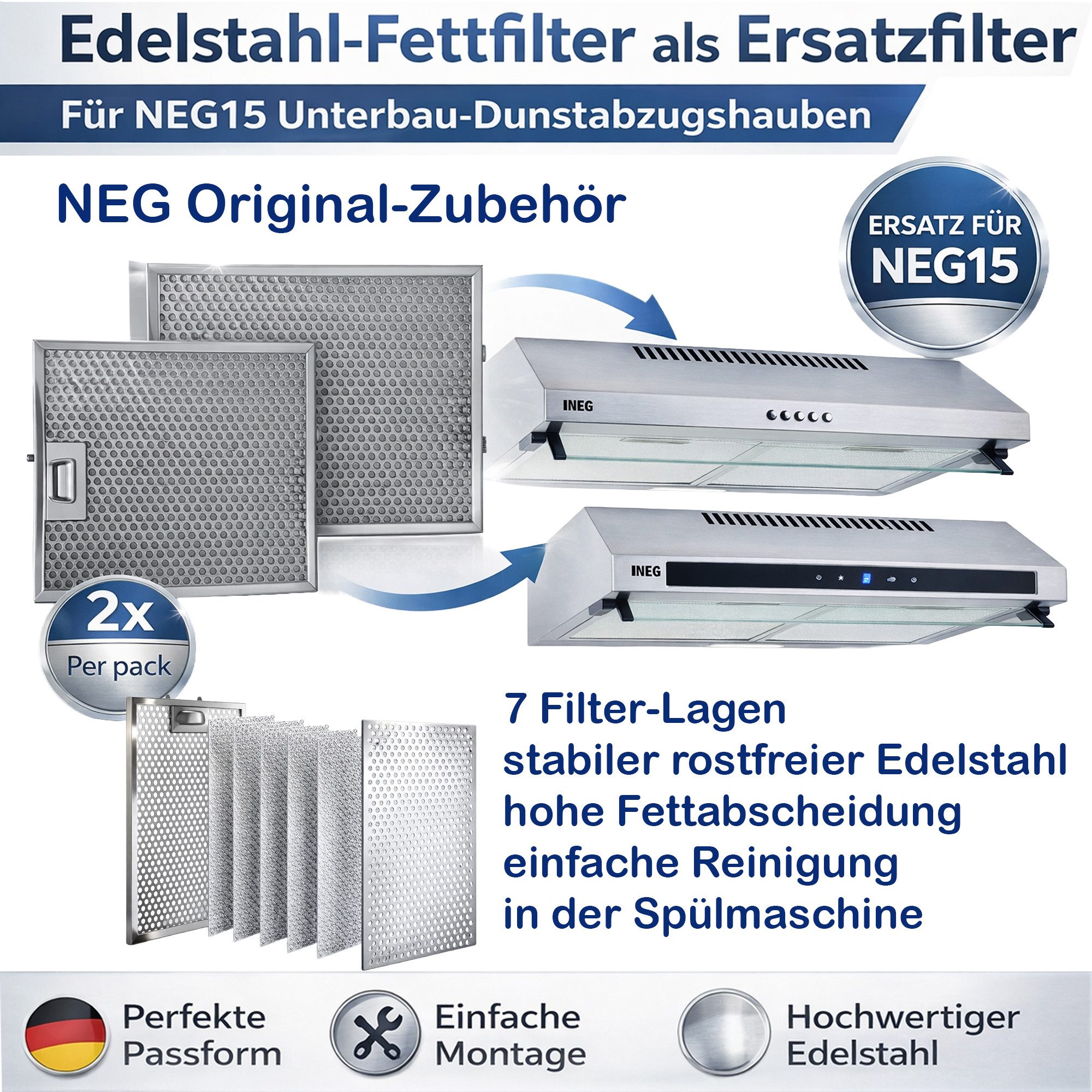 NEG Metallfettfilter NEG Edelstahl Fettfilter FF15E-15 (33,8x27,7 cm) f, Zubehör für NEG15-AT, NEG15-TDL+