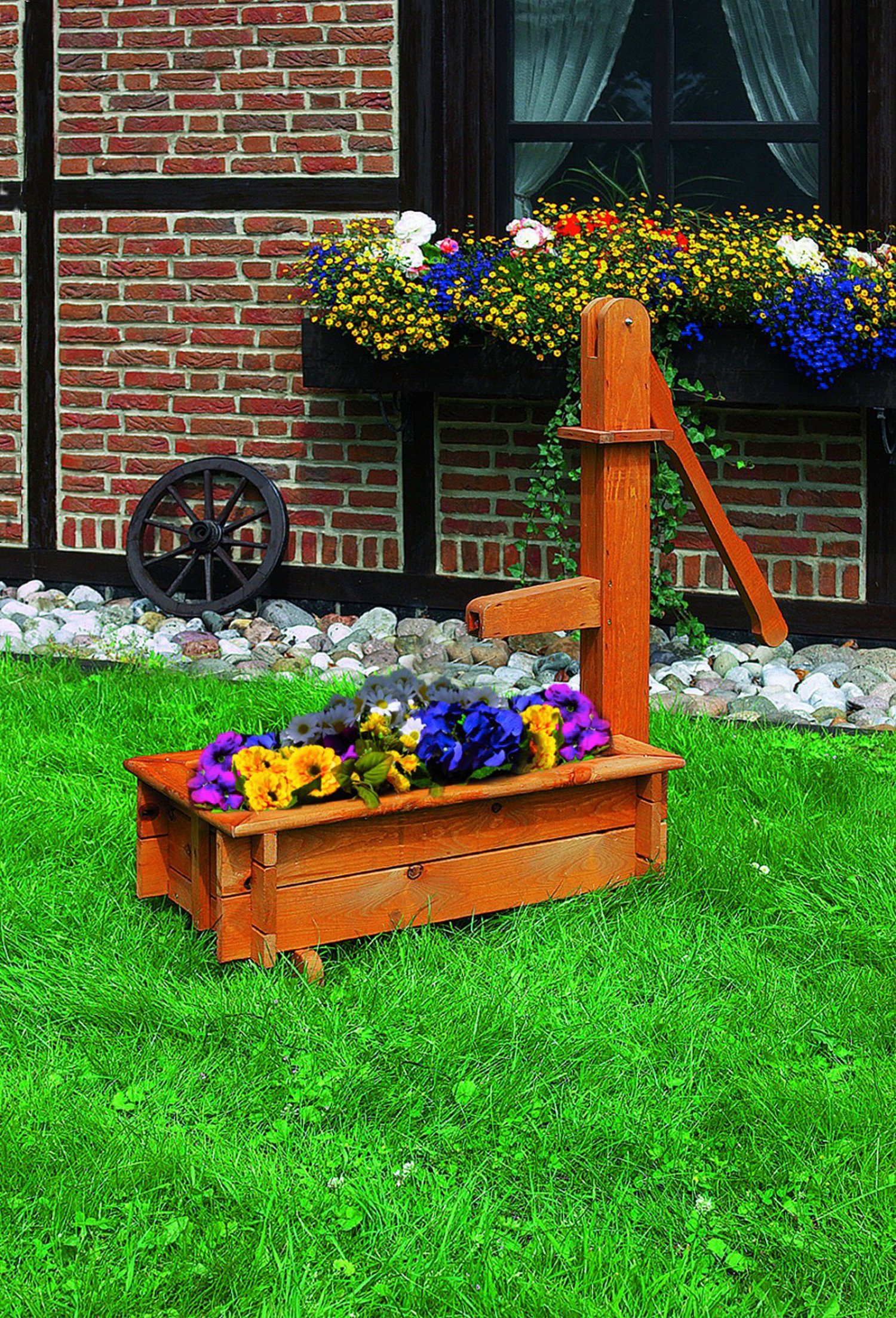 Top-Online-Shop cm BxTx: Holzschwengelpumpe, 110x40x100 promadino mit Blumentopf, Holztrog