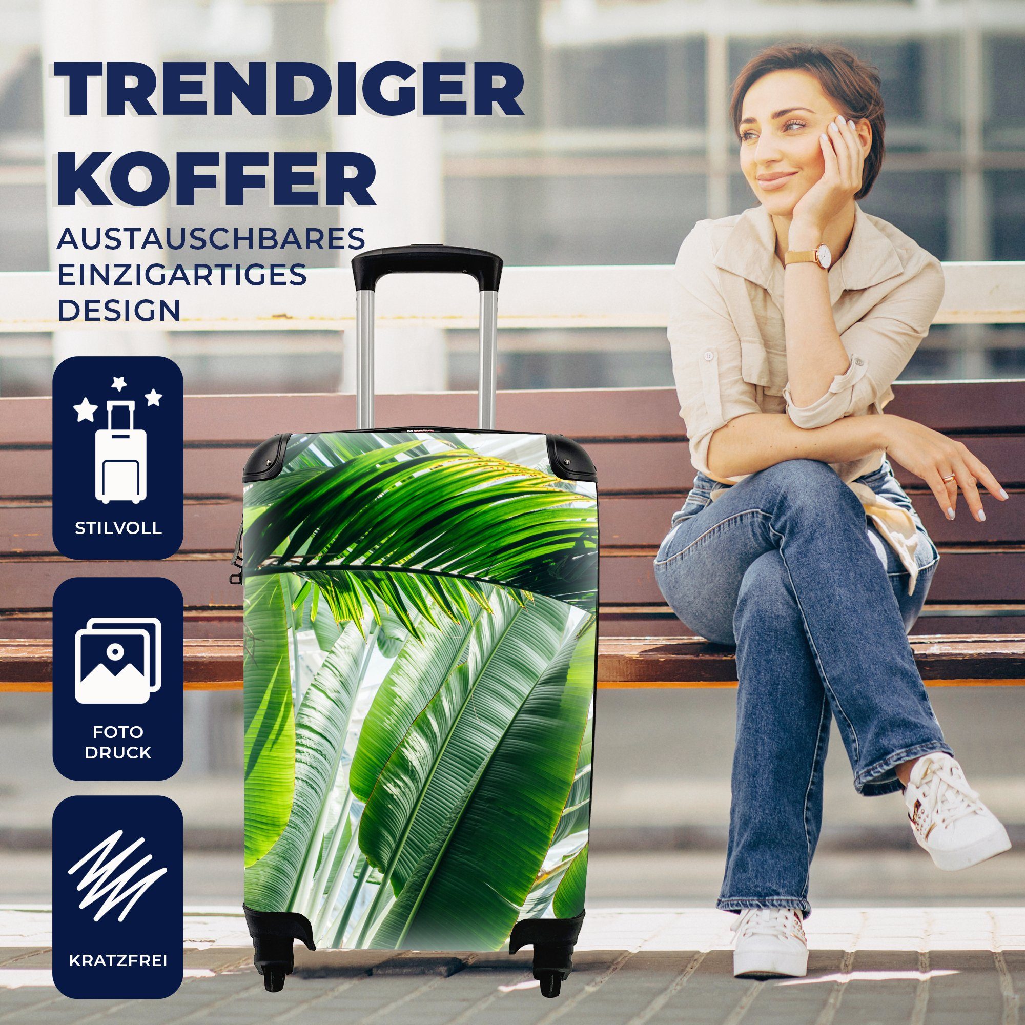Sonnenstrahlen Ferien, auf mit Reisetasche Handgepäck Palmenblättern Trolley, für einem Reisekoffer Garten, Rollen, botanischen in Handgepäckkoffer 4 MuchoWow rollen,