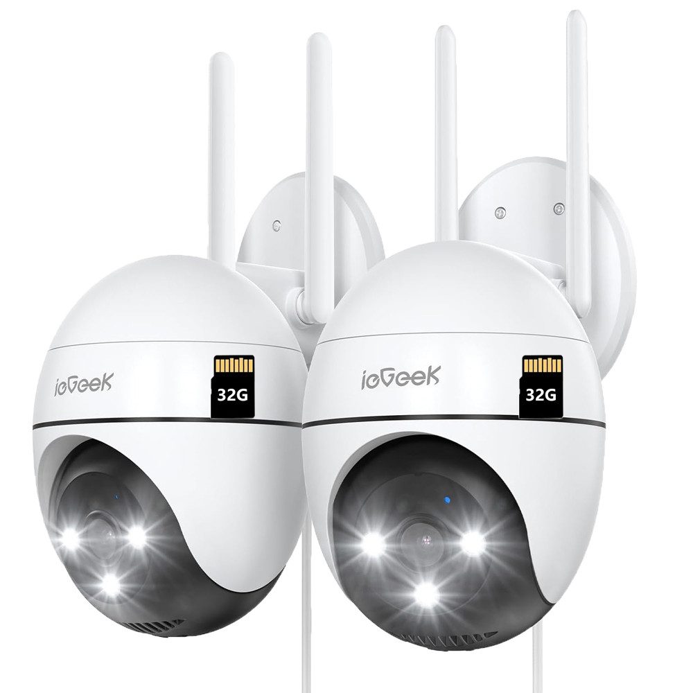 ieGeek Überwachungskamera 2 Stück Überwachungskamera Aussen Kamera Überwachung Aussen Wlan IP (Aussen, AuBenbereich, außen, utdoor Kabel Außenkamera WiFi PTZ Outdoor Camera Dome Aussen kamera, 2-tlg., Videoüberwachung Kamera mit Farbige Nachtsicht Bewegungserkennung, 24/7 Aufnahme,& Ton und Lichtalarm)
