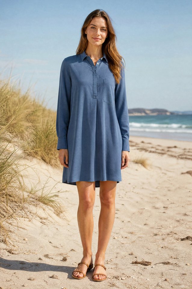 NADINE H Sommerkleid Leichtes Sommerkleid mit Knopfleiste im eleganten Blau aus Leinen