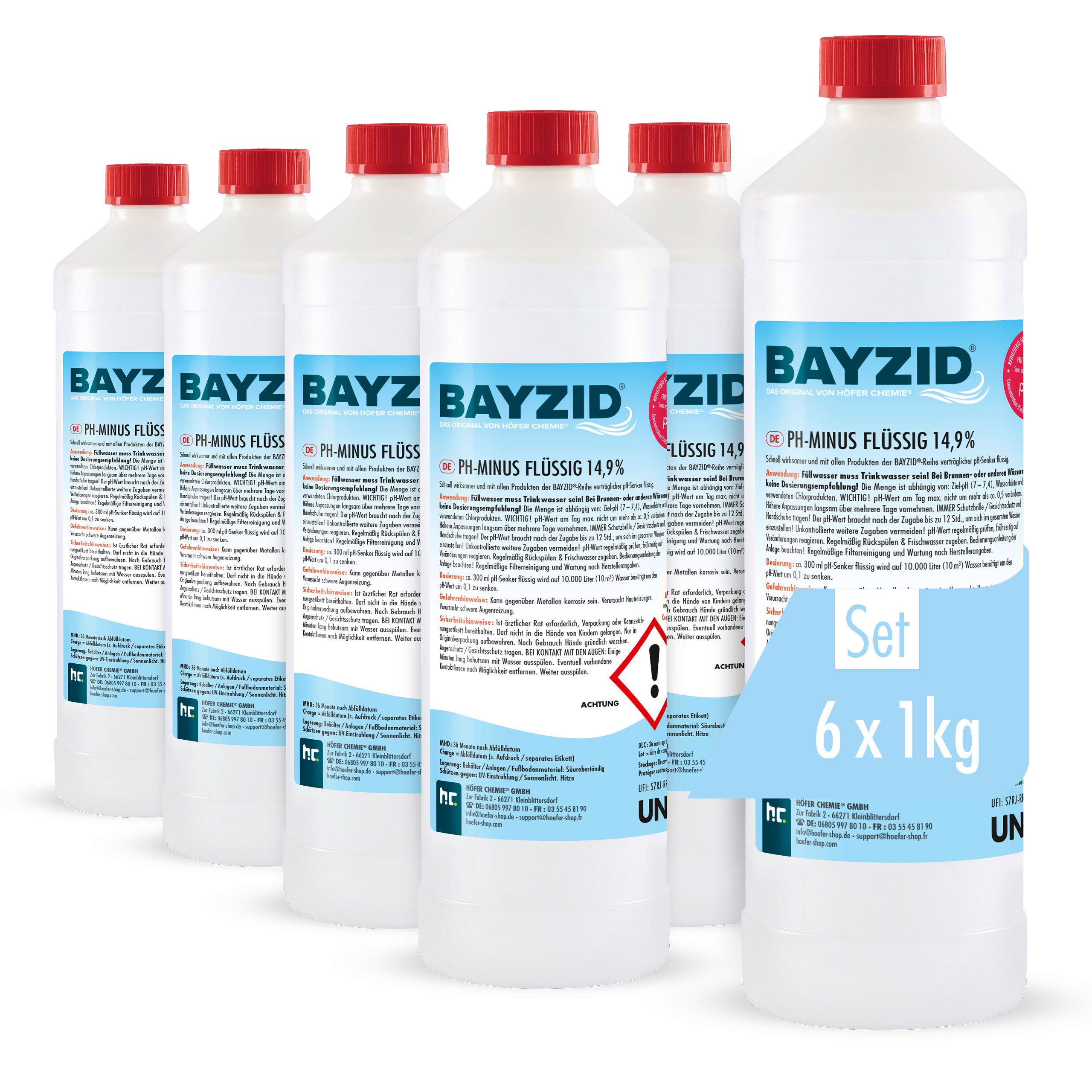 Höfer Chemie GmbH Poolpflege 6x 1 kg BAYZID® pH Minus flüssig 14,9%, Zuverlässige Regulierung des pH-Werts