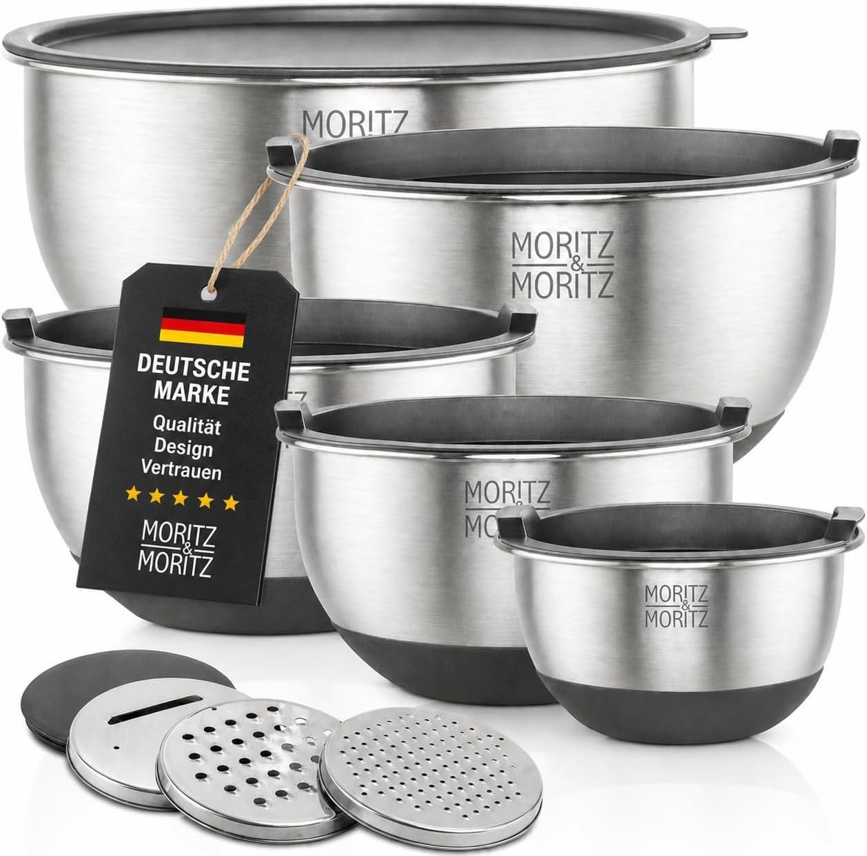 Moritz & Moritz Schüssel Edelstahl Rührschüssel Set mit Deckel, Edelstahl, (Set, 5-tlg), Premium Edelstahl, Rostfrei