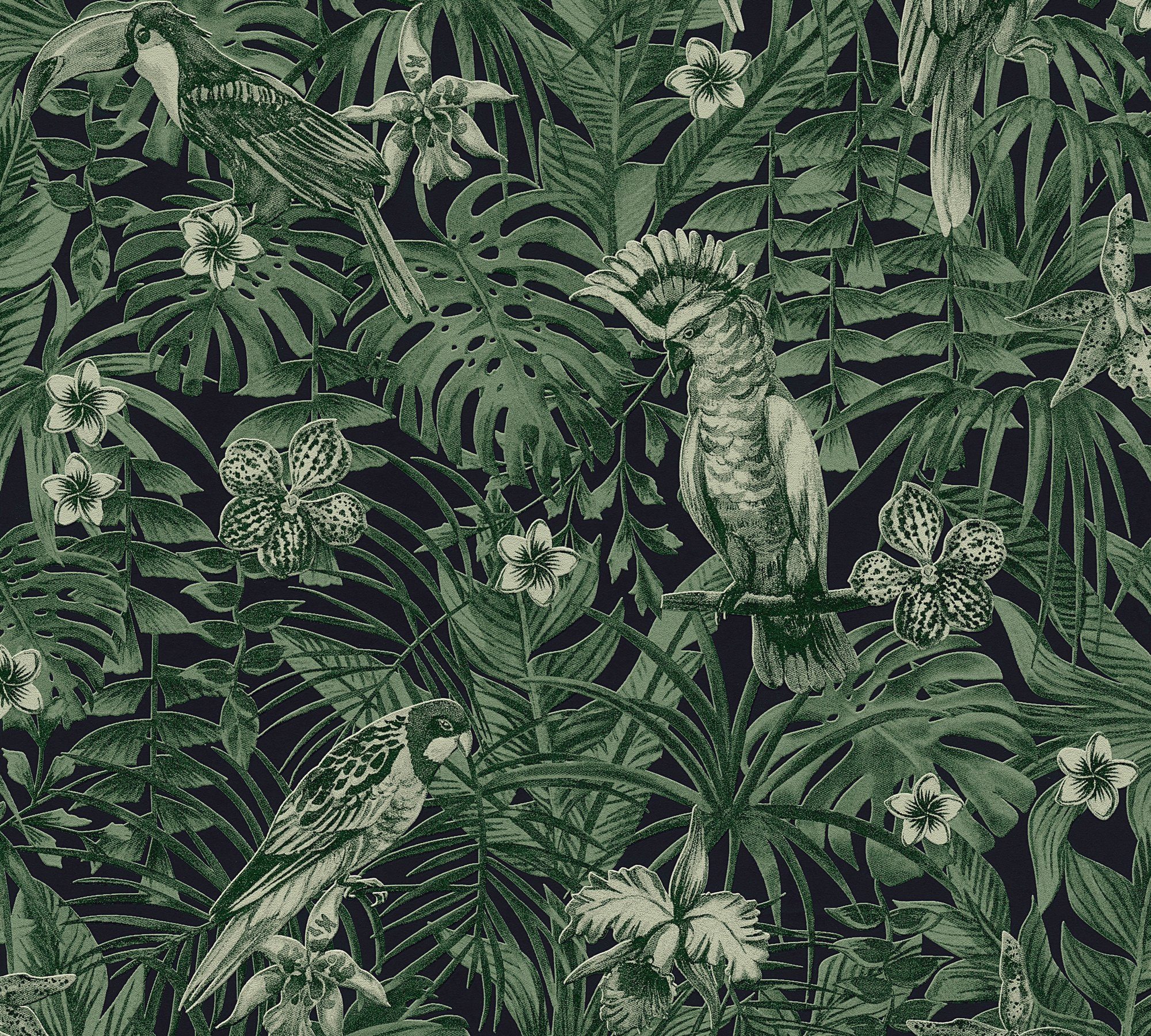 A.S. Création Vliestapete Greenery mit Palmenprint in Dschungel Optik, strukturiert, floral, Vogeltapete Tapete Dschungel grün/blau