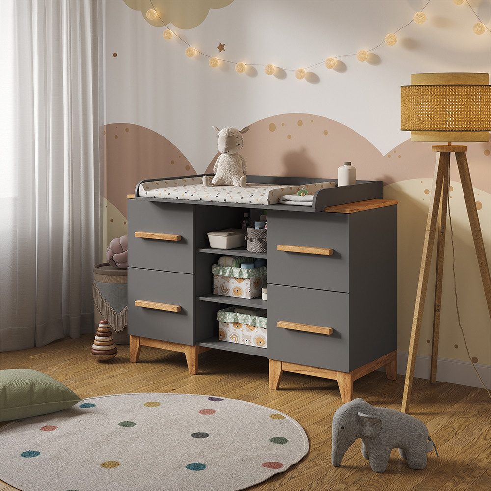 Wickelkommode Malia, Grau/Artisan/Artisan, 133 x 98 cm XL mit 4 Schubladen