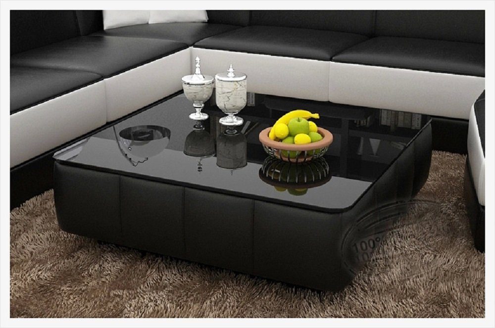 JVmoebel Couchtisch Massivholztisch mit Glasplatte und Lederakzenten, Made in Europa