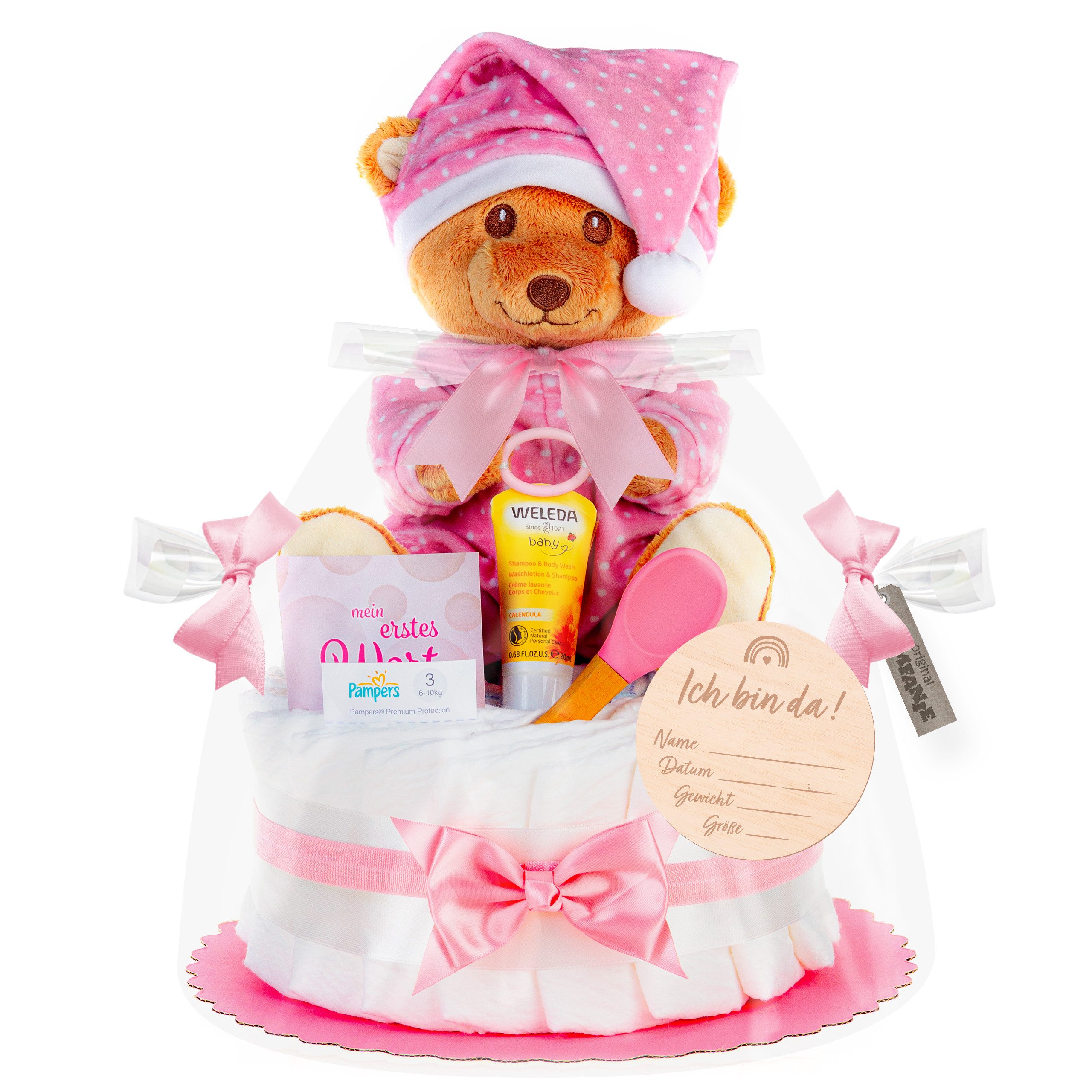 Timfanie Windeln Windeltorte, LiebhabBÄR, rosa, 0-8 Monate (Handgefertigtes Geschenk - In Folie gehüllt, mit Schleifen verziert, 28-St., 20 Pampers Premium, 1 Marken-Kuscheltie, wertige Accessoires), Das Perfekte Geschenk zur Geburt oder Babyparty.