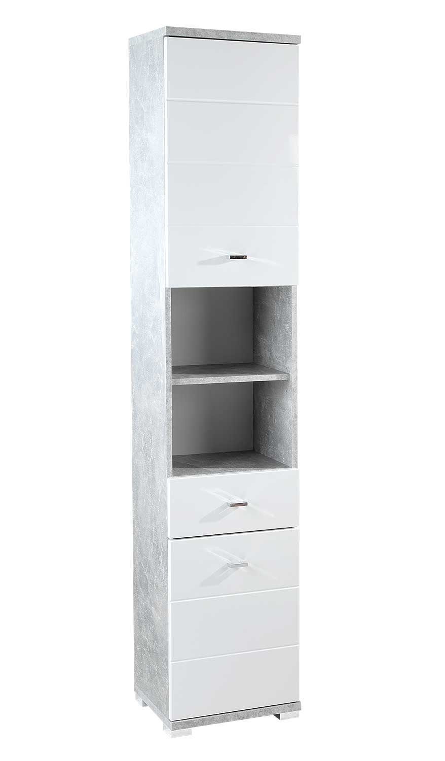 Hochschrank POOL, Betondekor, Weiß Hochglanz, Breite 38 cm, mit 2 Türen und 1 Schublade, Badmöbel