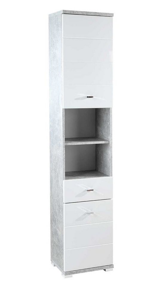 Hochschrank POOL, Betondekor, Weiß Hochglanz, Breite 38 cm, mit 2 Türen und  1 Schublade, Badmöbel