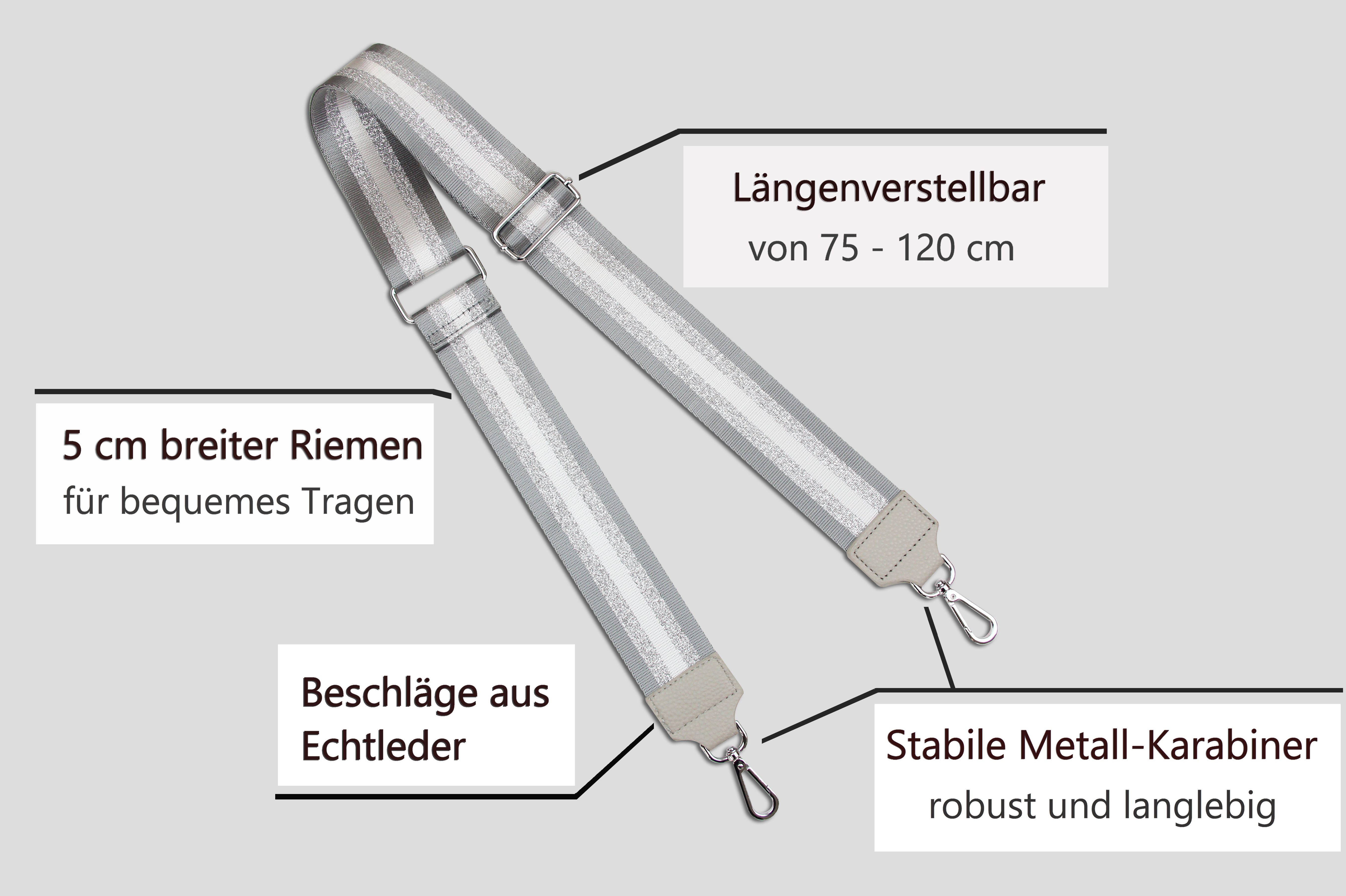 Frentree Schulterriemen MADE IN 5cm Grau Schultergurt breiter Silber Muster: Gurt, Gestreift verstellbarer ITALY, Taschen, für