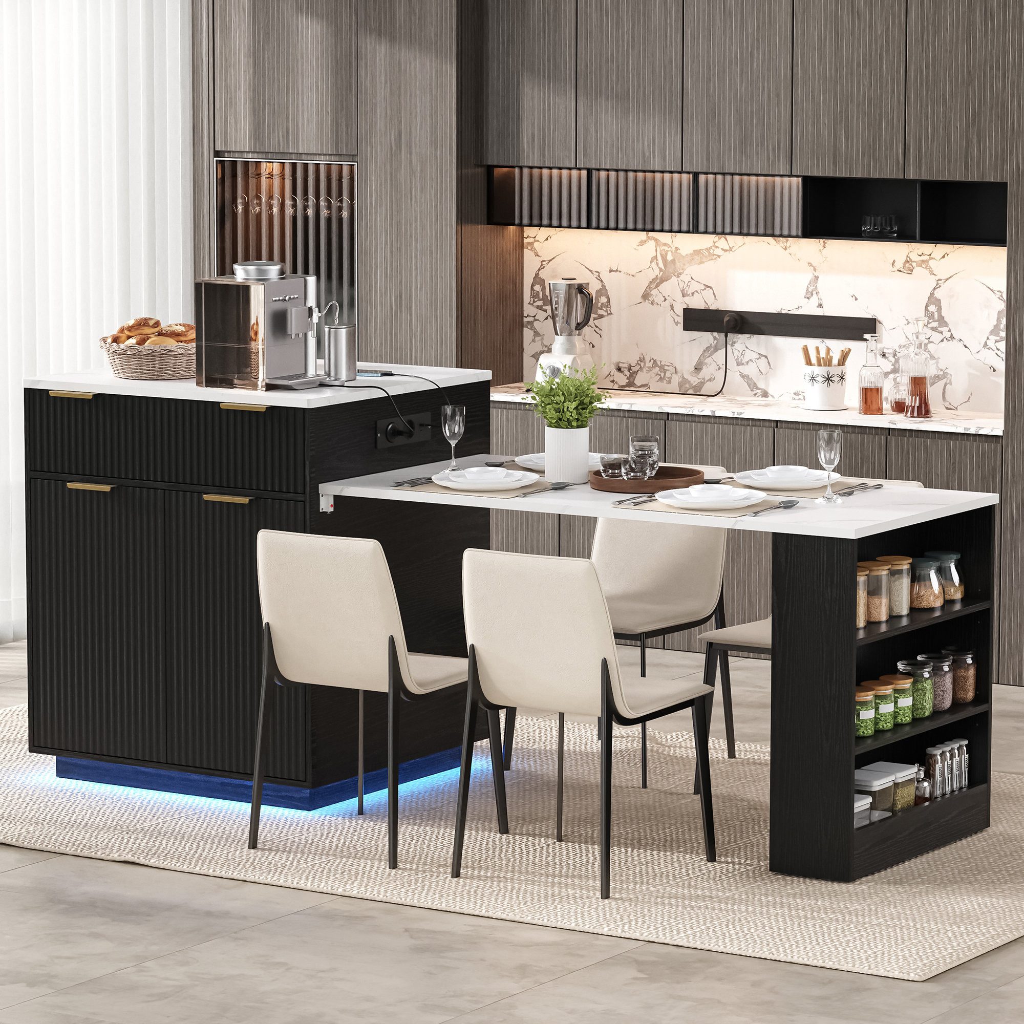 Odikalo Kücheninsel Küchenwagen Sideboard mit Ausziehbarer Esstisch LED Rollen Schubladen, (Buffetschrank mit LED-Beleuchtung und verstellbaren Regalböden Küchentisch mit Steckdosenleisten multifunktionale Ladestation (USB/Type-C)